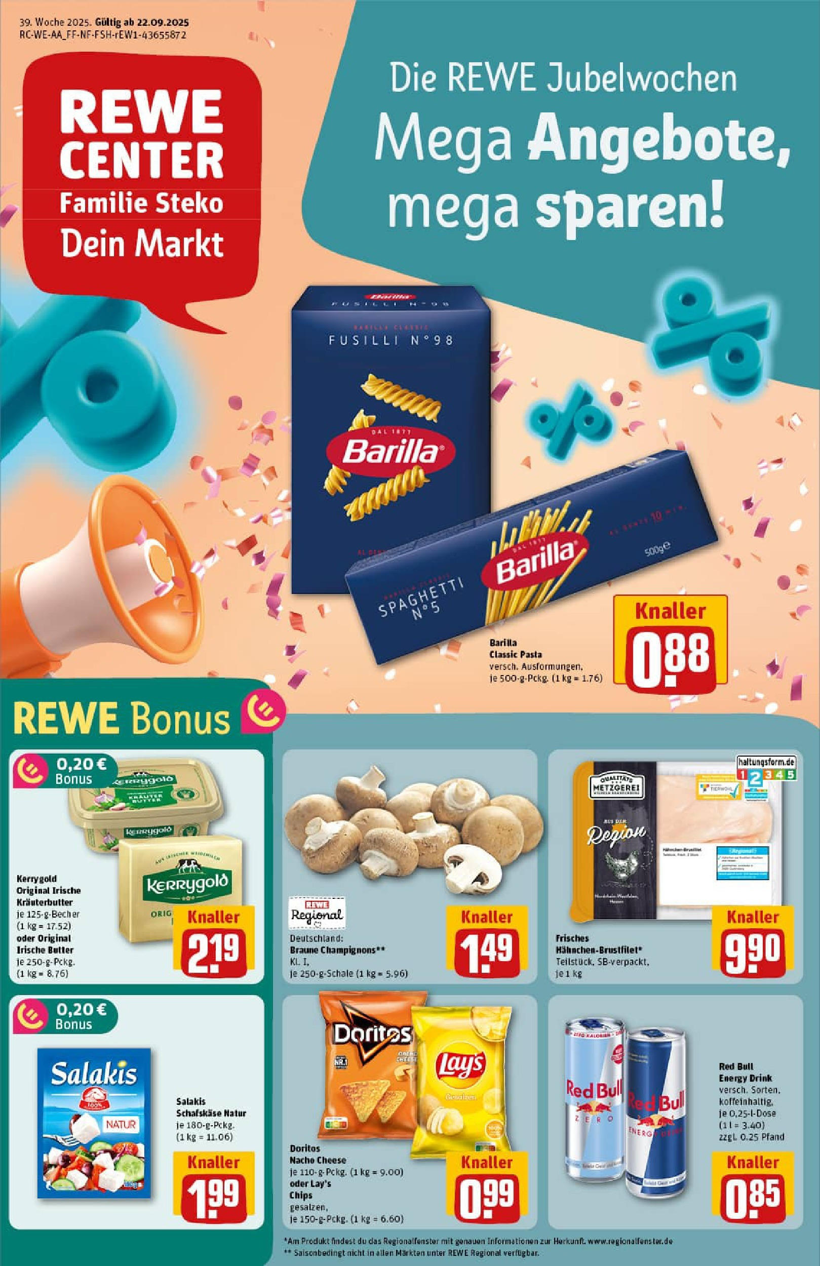 REWE Prospekt ab 21.09.2025 zum Blättern » Angebote | Seite: 1 | Produkte: Red bull, Energy, Barilla, Salakis