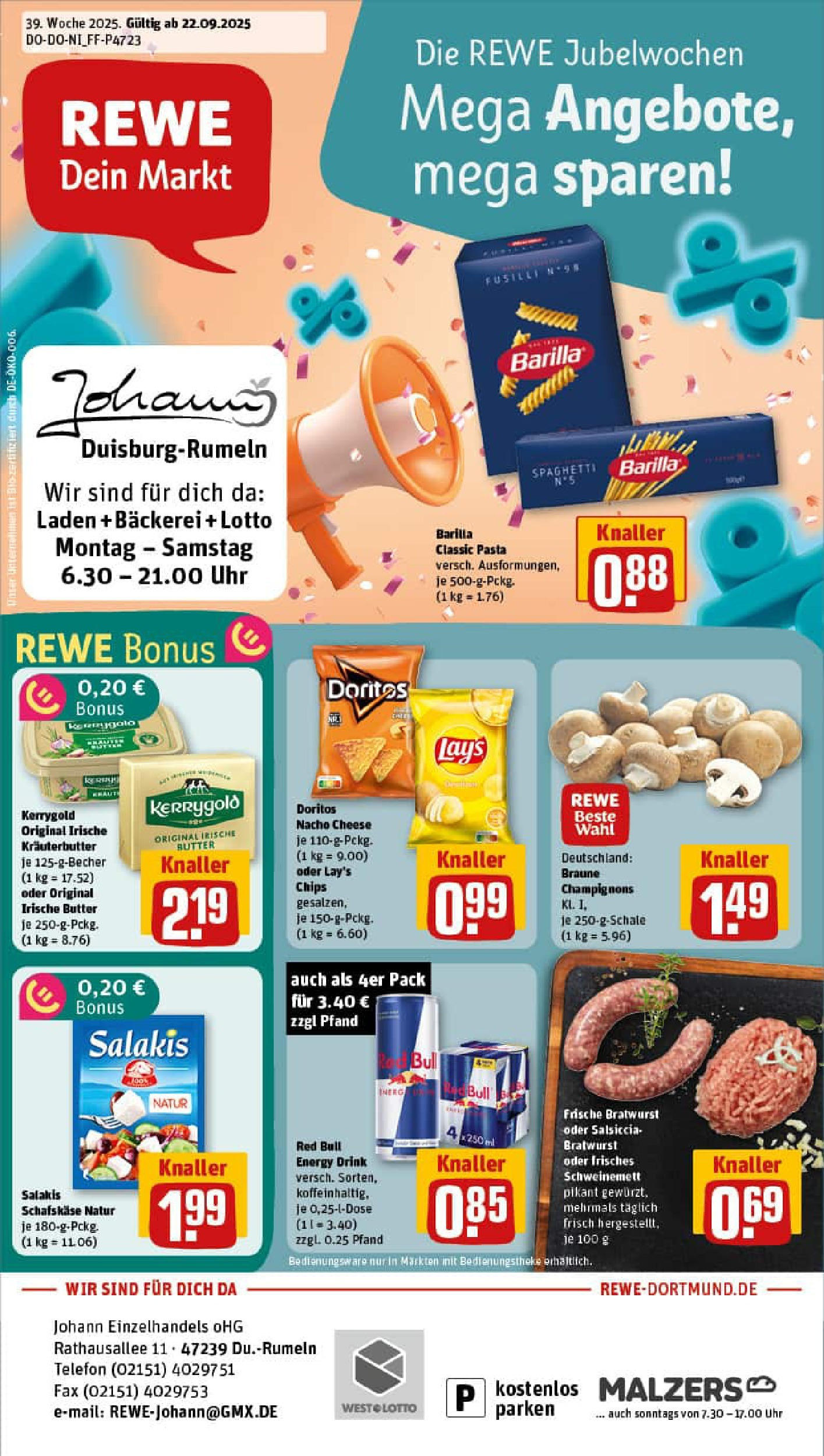 REWE Prospekt ab 21.09.2025 zum Blättern » Angebote | Seite: 1 | Produkte: Pasta, Chips, Uhr, Schafskase
