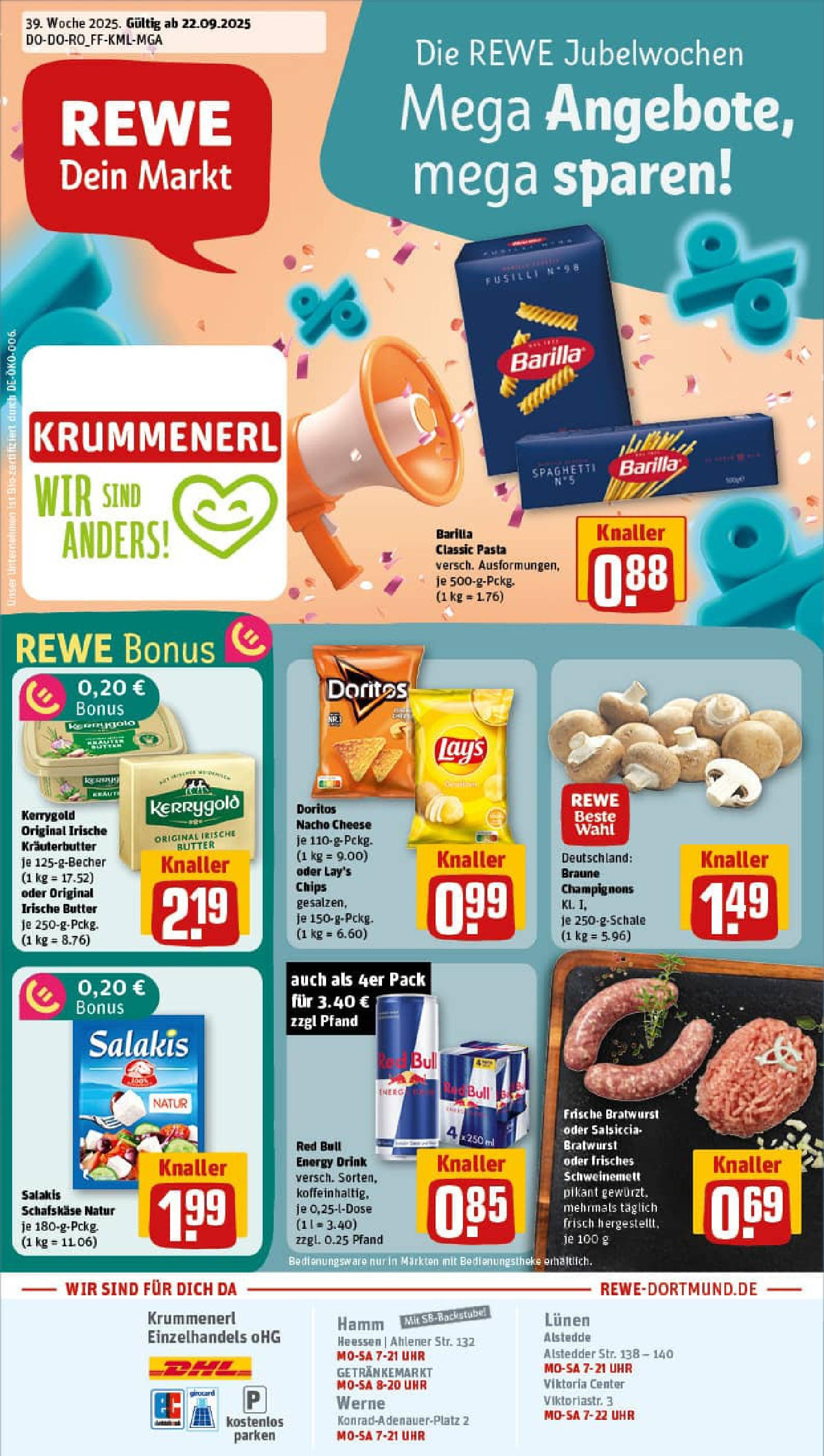 REWE Prospekt ab 21.09.2025 zum Blättern » Angebote | Seite: 1 | Produkte: Bratwurst, Kraut, Pasta, Schafskase