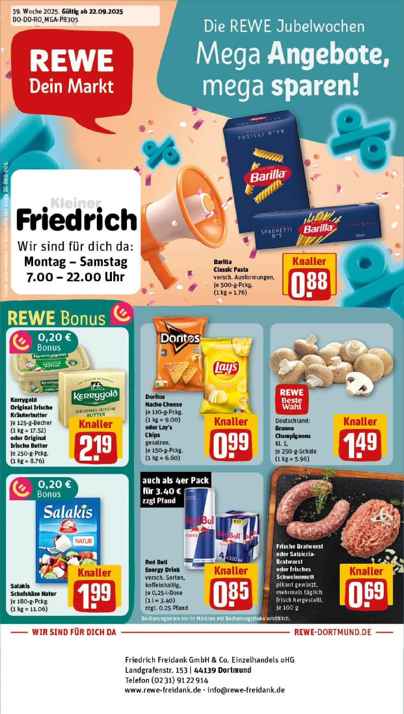 REWE Prospekt ab 21.09.2025 zum Blättern » Angebote | Seite: 1 | Produkte: Feta, Energy, Butter, Champignons