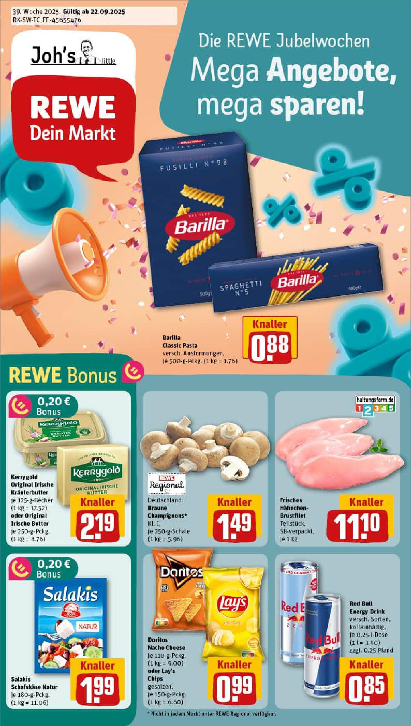 REWE Prospekt ab 21.09.2025 zum Blättern » Angebote | Seite: 1 | Produkte: Red bull, Barilla, Kräuterbutter, Pasta