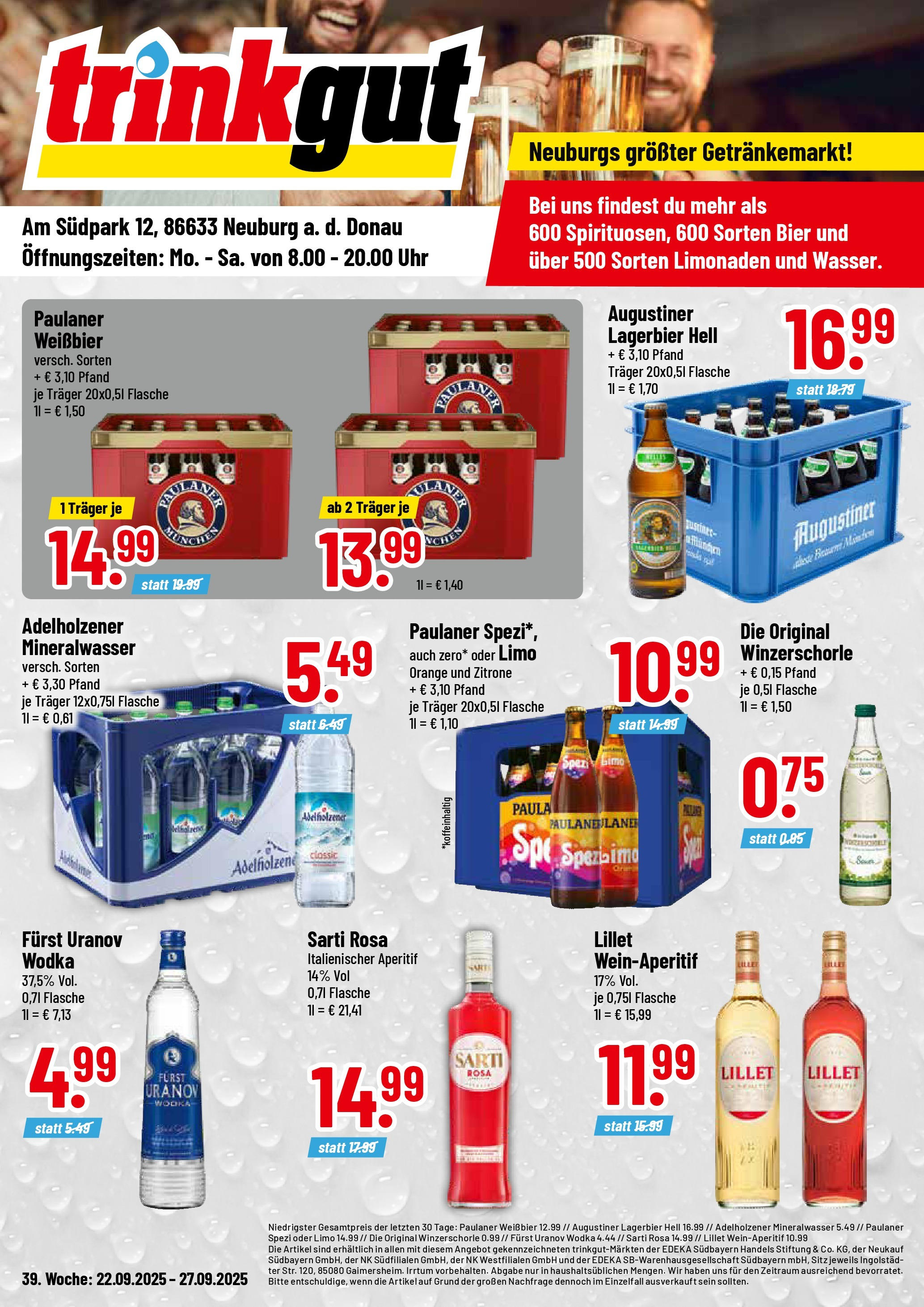Trinkgut - trinkgut: Wochenangebote (ab 21.09.2025) » Angebote online | Seite: 1 | Produkte: Paulaner spezi, Adelholzener, Zitrone, Uhr
