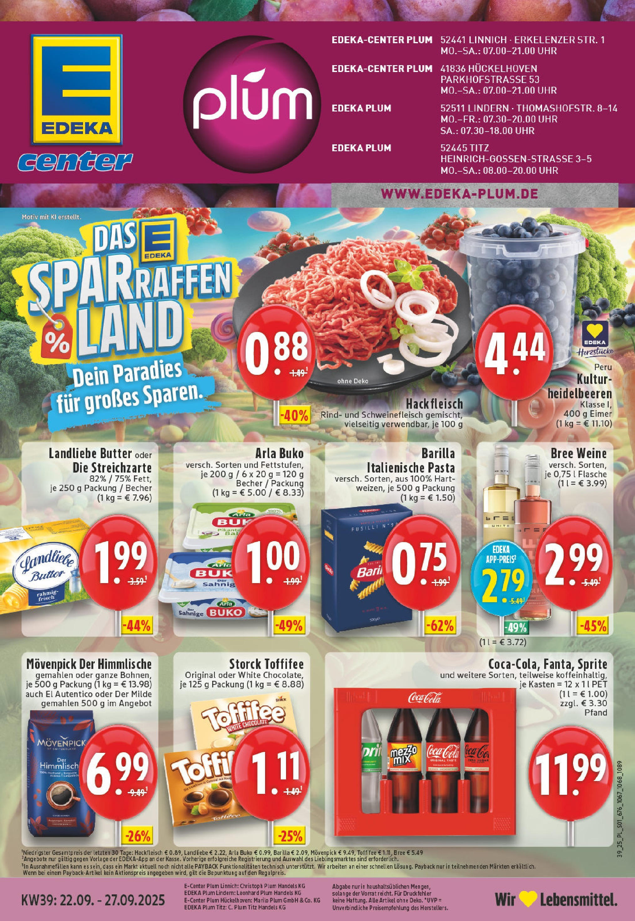 Edeka prospekt Linnich	 (ab 21.09.2025) » Angebote Online | Seite: 1 | Produkte: Cola, Arla buko, Toffifee, Pasta
