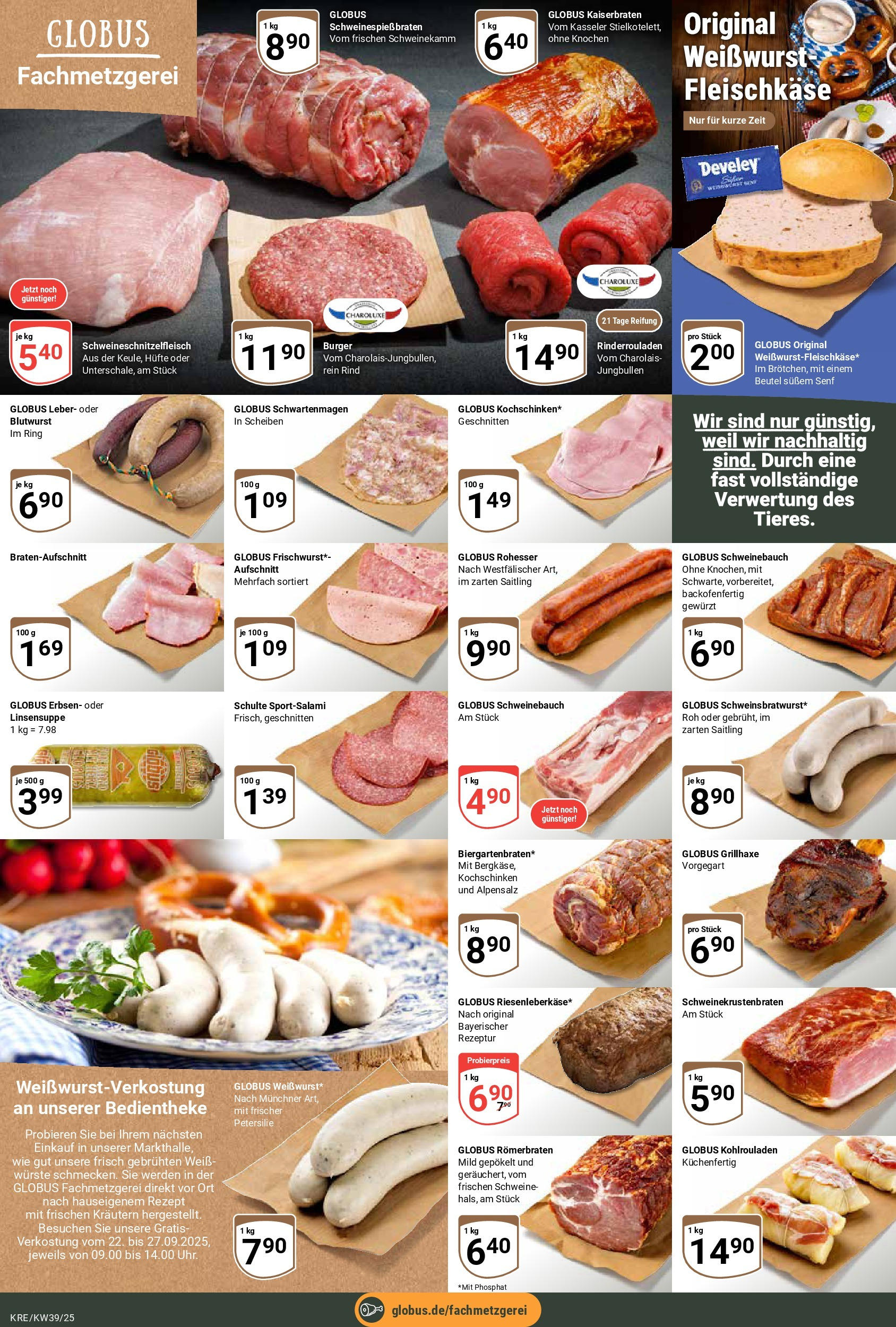 Globus prospekt Krefeld (ab 21.09.2025) » Angebote ab Montag | Seite: 6 | Produkte: Rinderrouladen, Schweinebauch, Weißwurst, Petersilie Globus prospekt Krefeld (ab 21.09.2025) » Angebote online | Seite: 6 | Produkte: Rinderrouladen, Schweinebauch, Weißwurst, Petersilie