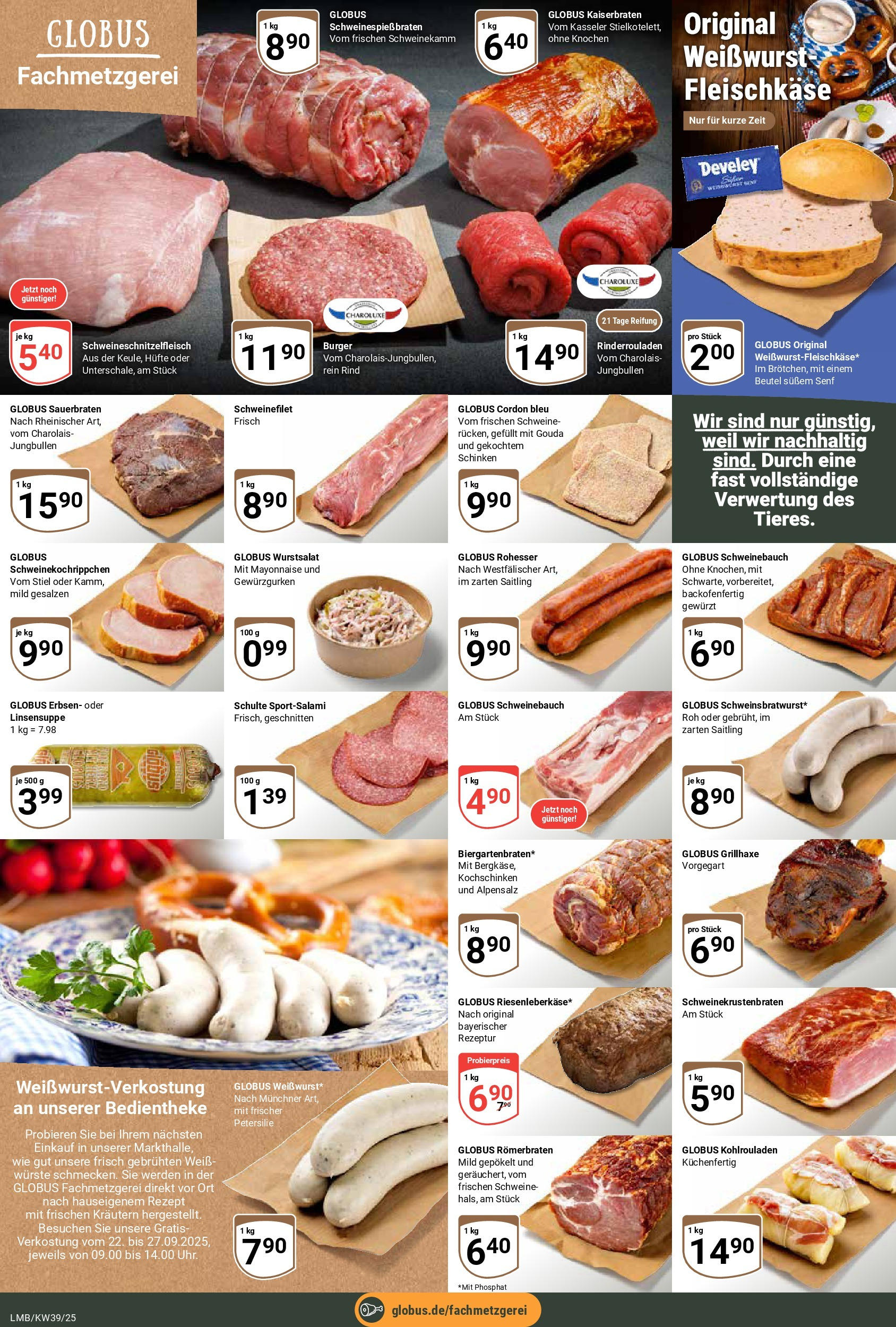 Globus prospekt Limburg	 (ab 21.09.2025) » Angebote online | Seite: 9 | Produkte: Schweinebauch, Weißwurst, Schinken, Erbsen