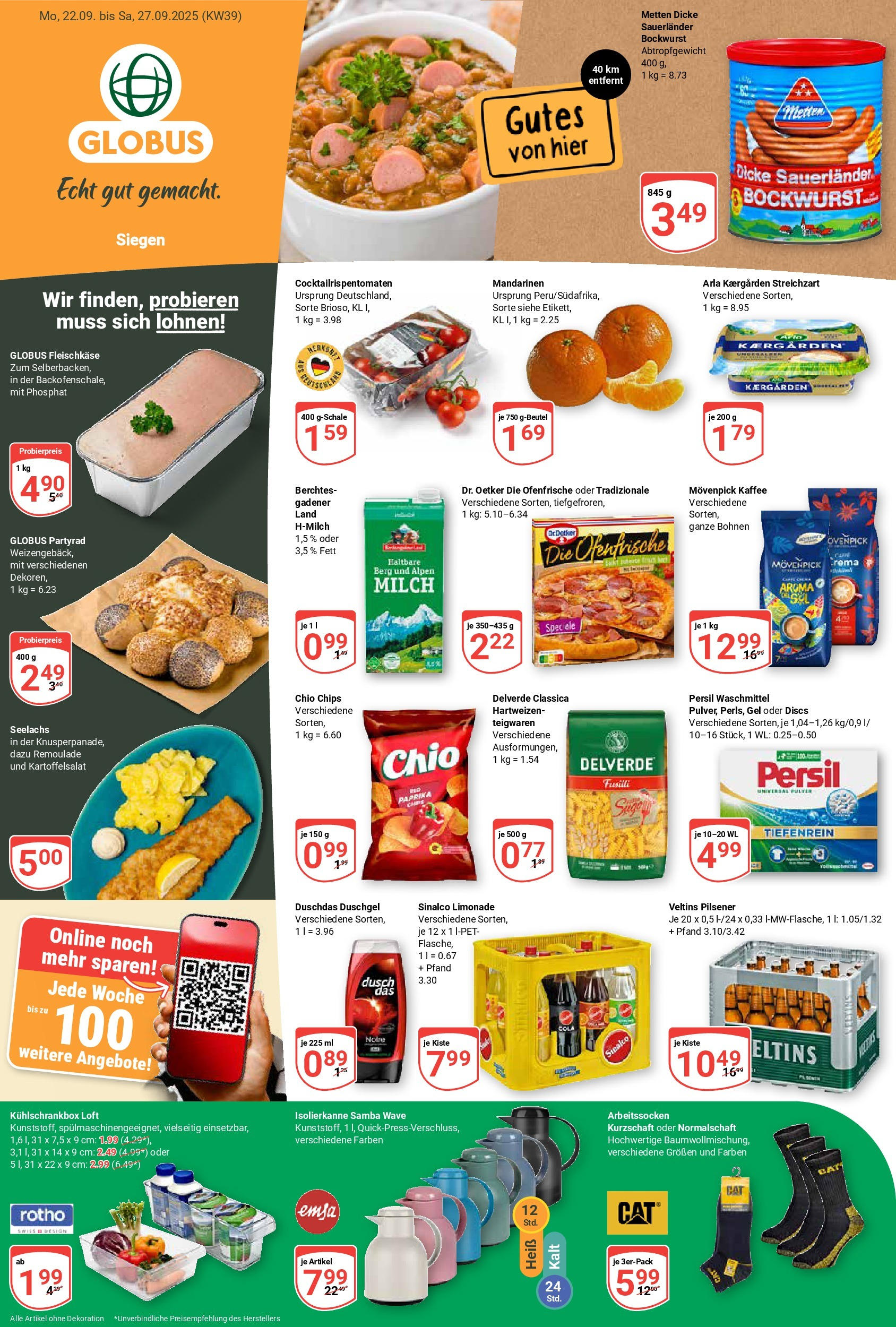 Globus prospekt Siegen	 (ab 21.09.2025) » Angebote online | Seite: 1 | Produkte: Sinalco, Dicke sauerlander bockwurst, Duschdas, Movenpick kaffee