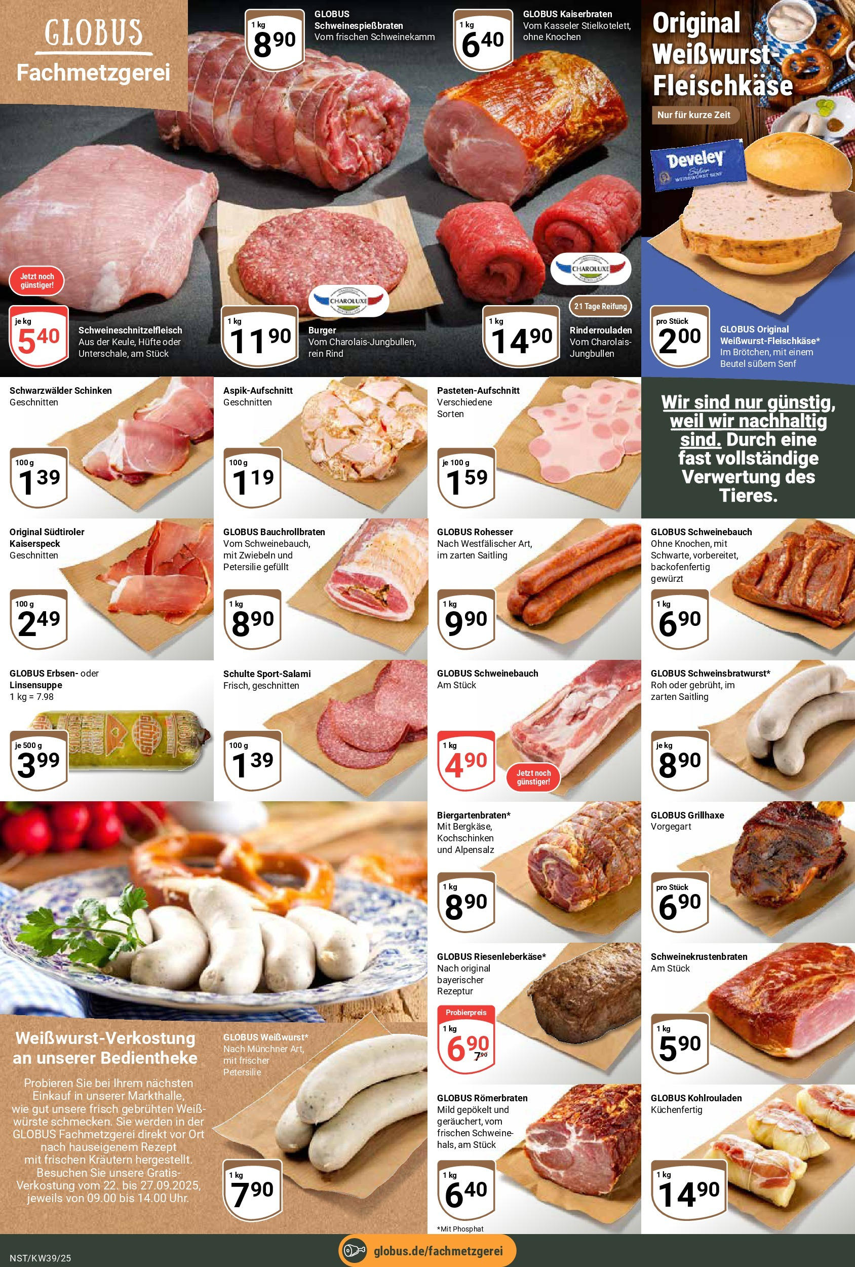 Globus prospekt Neustadt	 (ab 21.09.2025) » Angebote online | Seite: 10 | Produkte: Rinderrouladen, Burger, Schinken, Erbsen