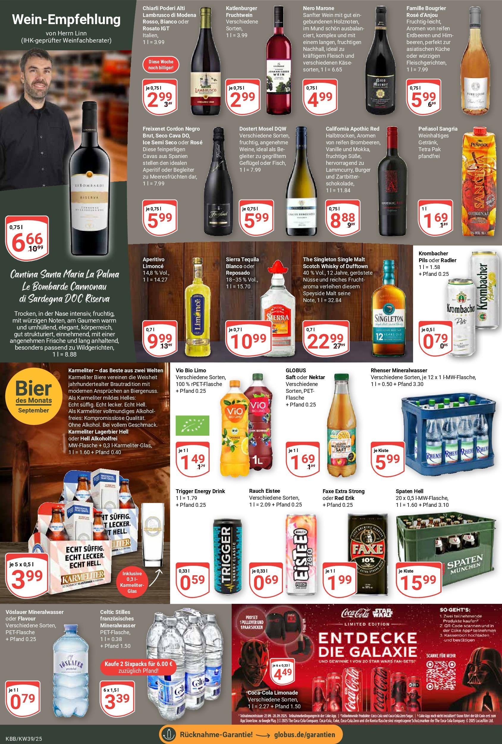 Globus prospekt Koblenz-Bubenheim	 (ab 21.09.2025) » Angebote online | Seite: 16 | Produkte: Cola, Bier, Pils, Wein