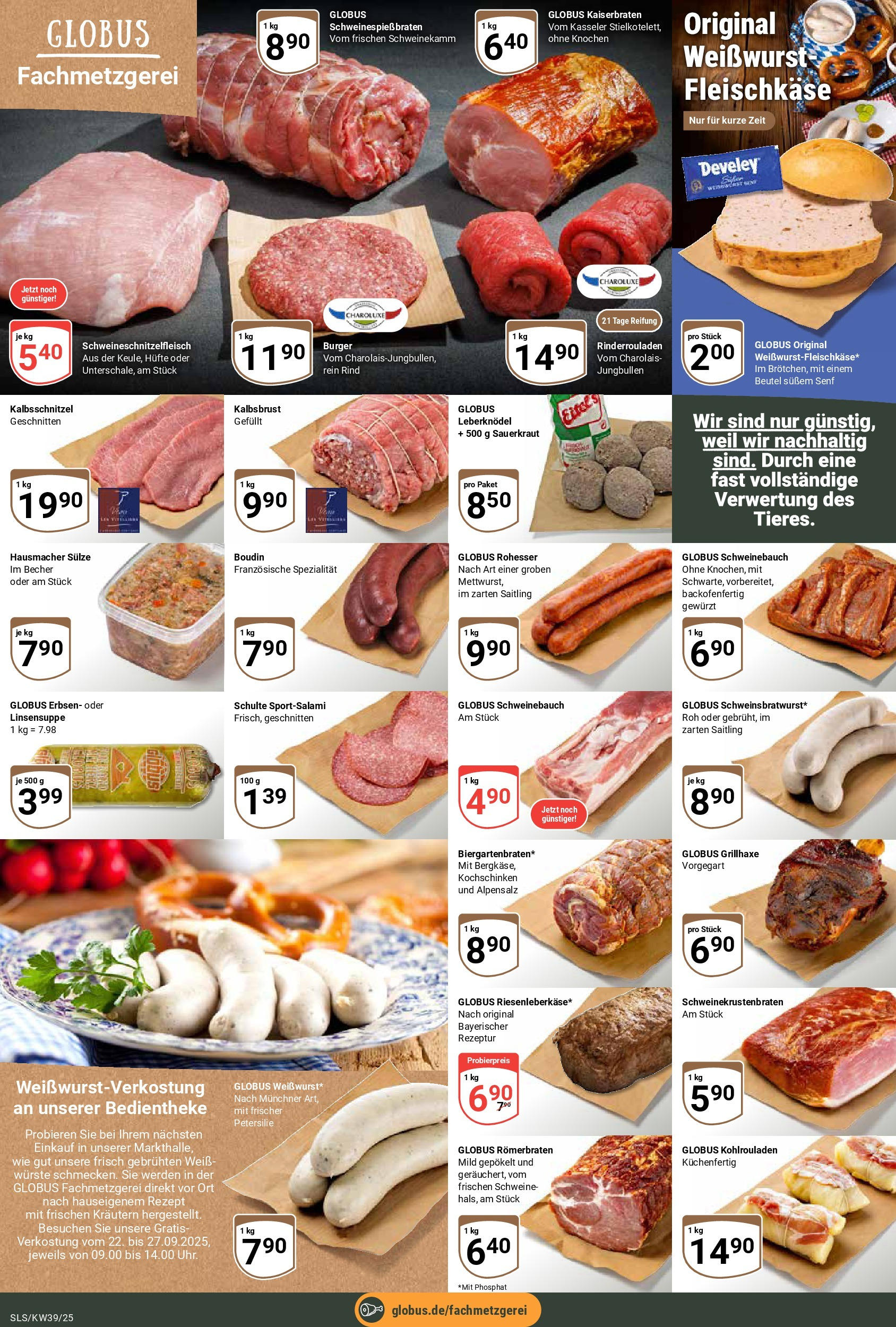 Globus prospekt Saarlouis	 (ab 21.09.2025) » Angebote online | Seite: 8 | Produkte: Rinderrouladen, Burger, Weißwurst, Erbsen