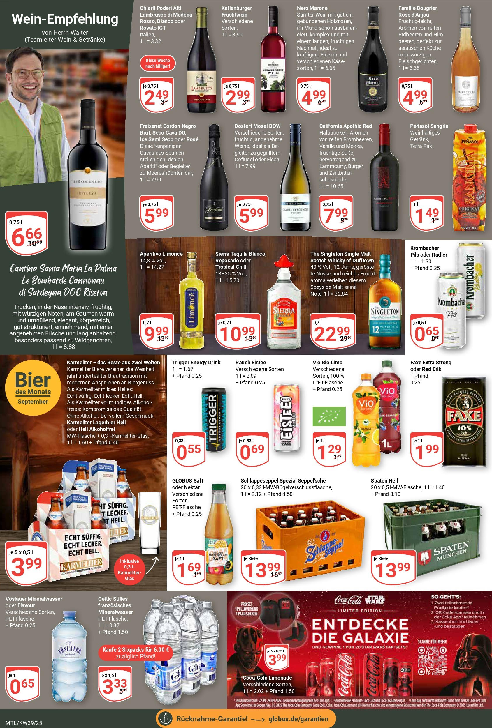 Globus prospekt Maintal-Dörnigheim	 (ab 21.09.2025) » Angebote online | Seite: 17 | Produkte: Freixenet, Bier, Saft, Wein