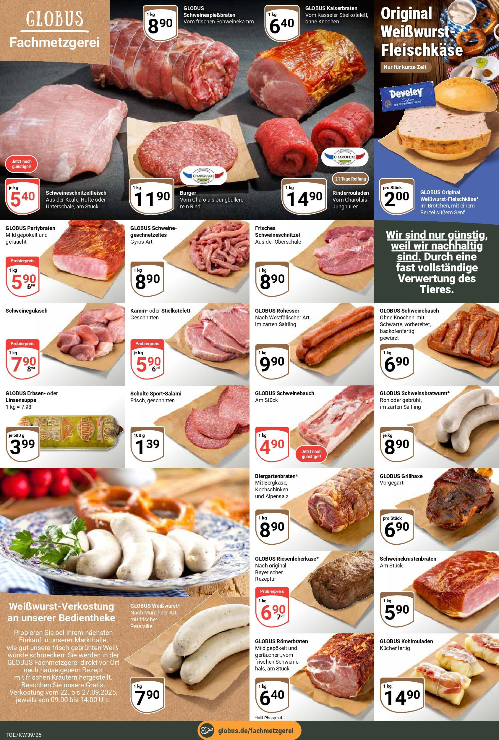 Globus prospekt Tönisvorst	 (ab 21.09.2025) » Angebote online | Seite: 7 | Produkte: Schweinegulasch, Schweinebauch, Weißwurst, Erbsen
