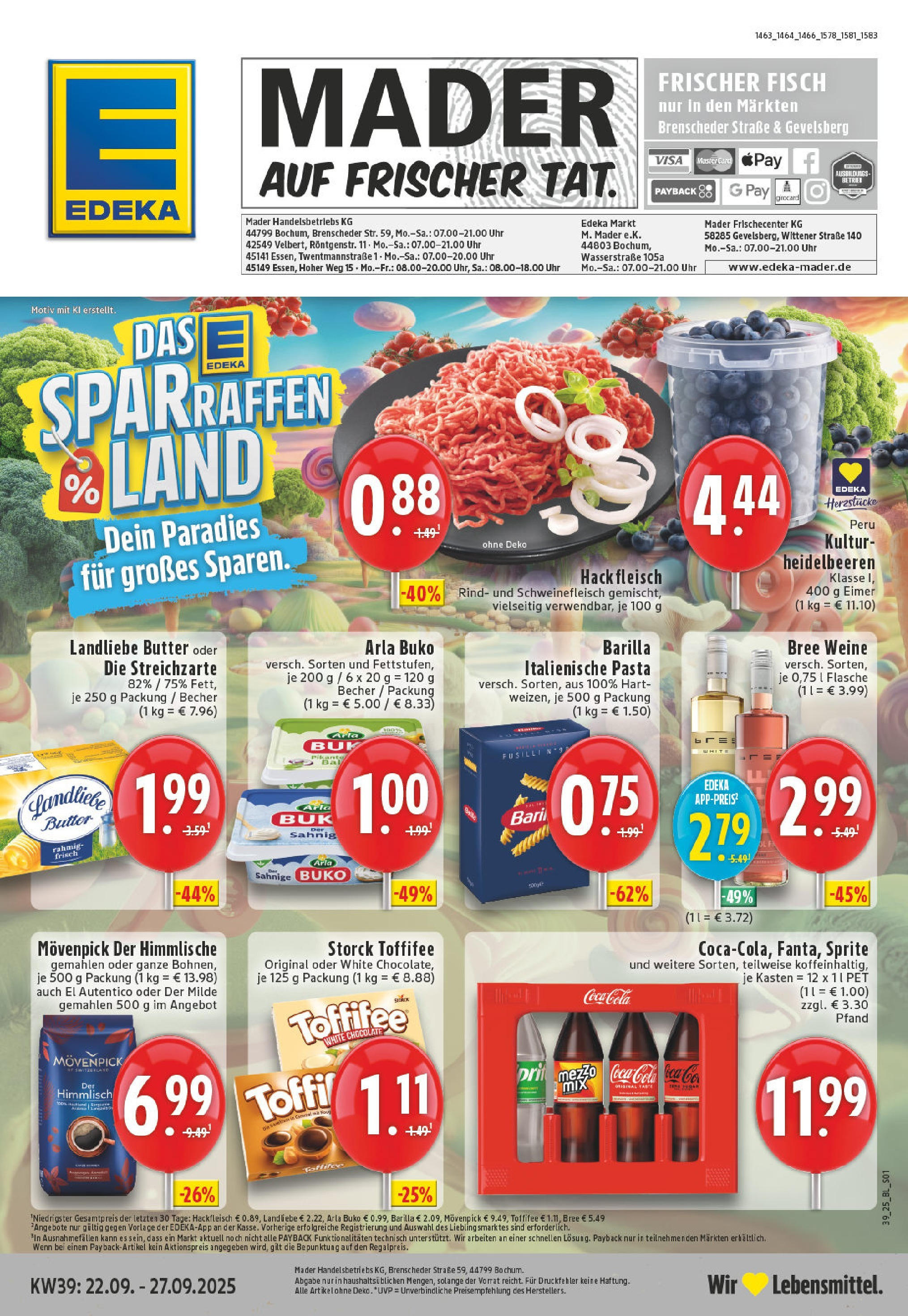 Edeka prospekt Gevelsberg (ab 21.09.2025) » Angebote Online | Seite: 1 | Produkte: Butter, Heidelbeeren, Schweinefleisch, Hackfleisch Edeka prospekt Gevelsberg (ab 21.09.2025) » Angebote Online | Seite: 1 | Produkte: Butter, Heidelbeeren, Schweinefleisch, Hackfleisch