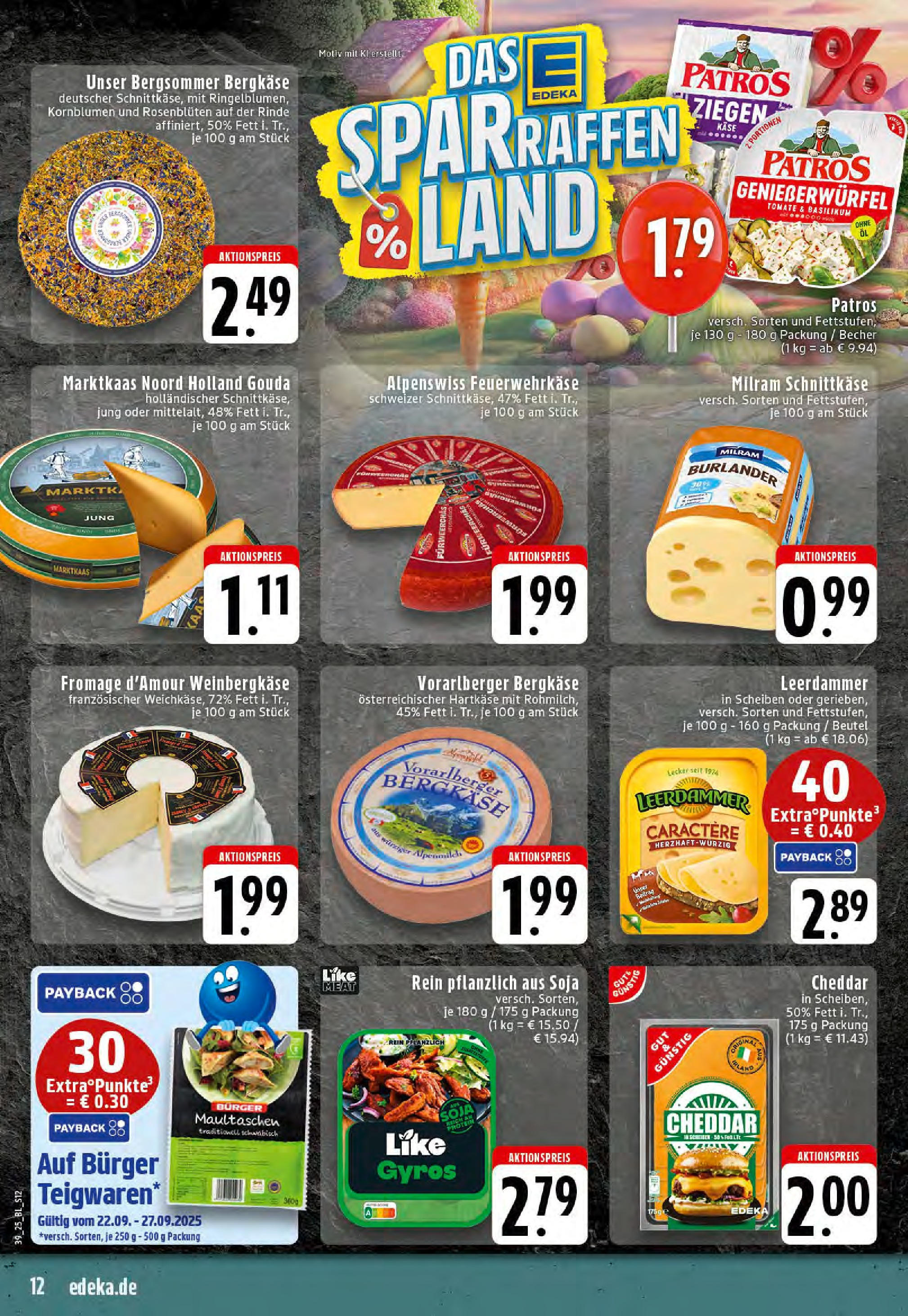 Edeka prospekt Saerbeck	 (ab 21.09.2025) » Angebote Online | Seite: 12 | Produkte: Käse, Leerdammer, Gyros, Milram