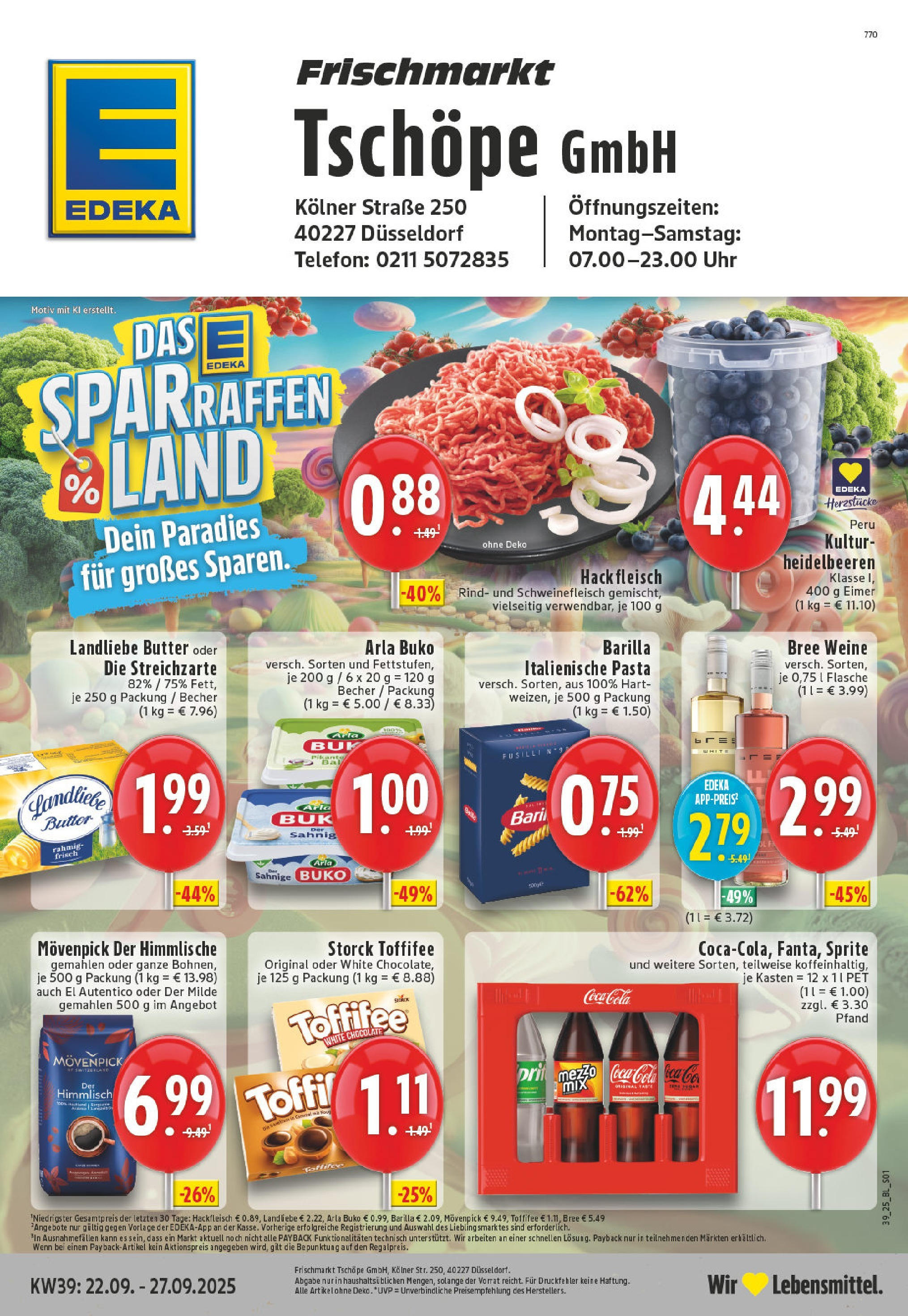 Edeka prospekt Düsseldorf	 (ab 21.09.2025) » Angebote Online | Seite: 1 | Produkte: Coca cola, Toffifee, Uhr, Hackfleisch