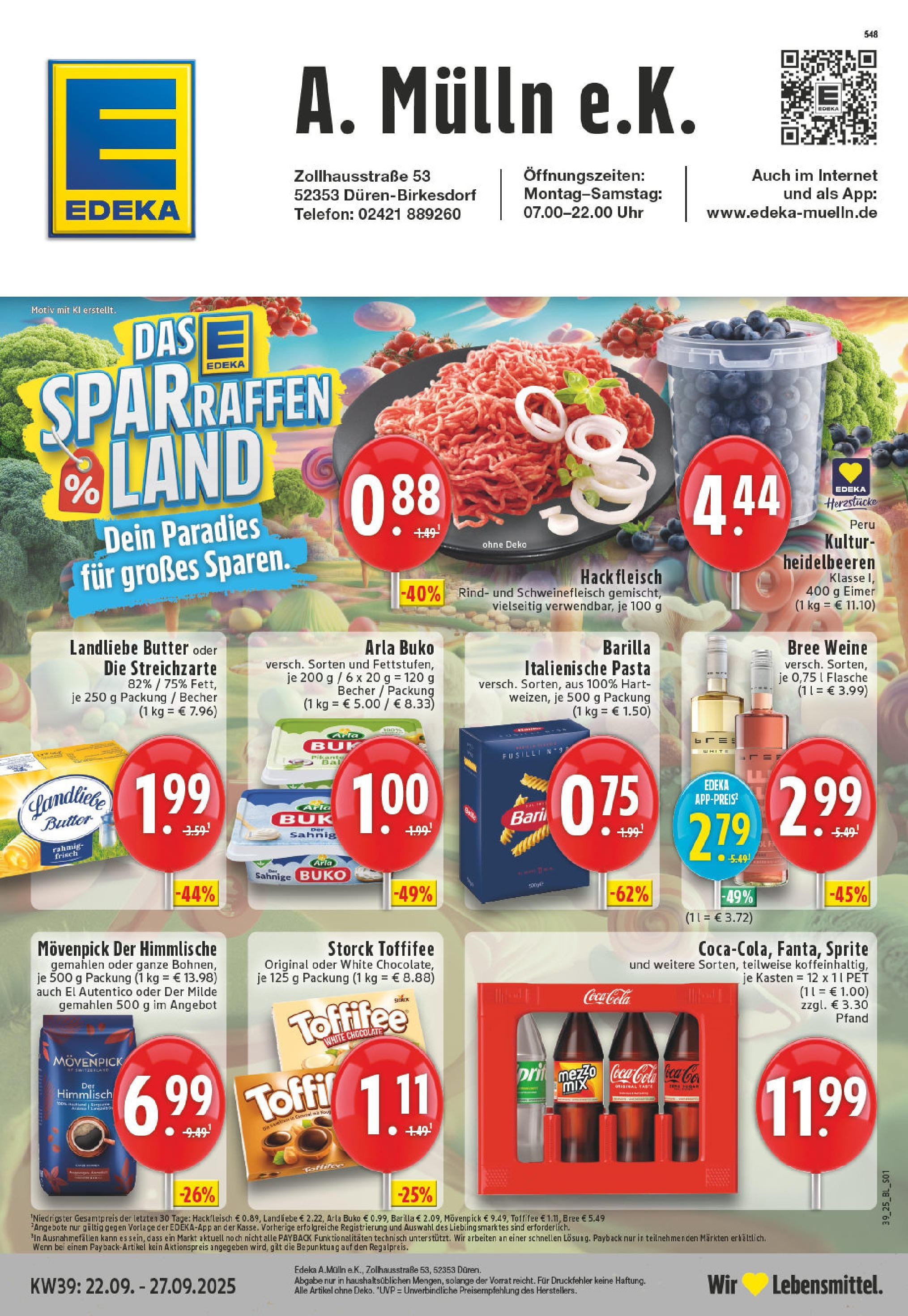 Edeka prospekt Düren-Birkesdorf	 (ab 21.09.2025) » Angebote Online | Seite: 1 | Produkte: Butter, Pasta, Uhr, Hackfleisch