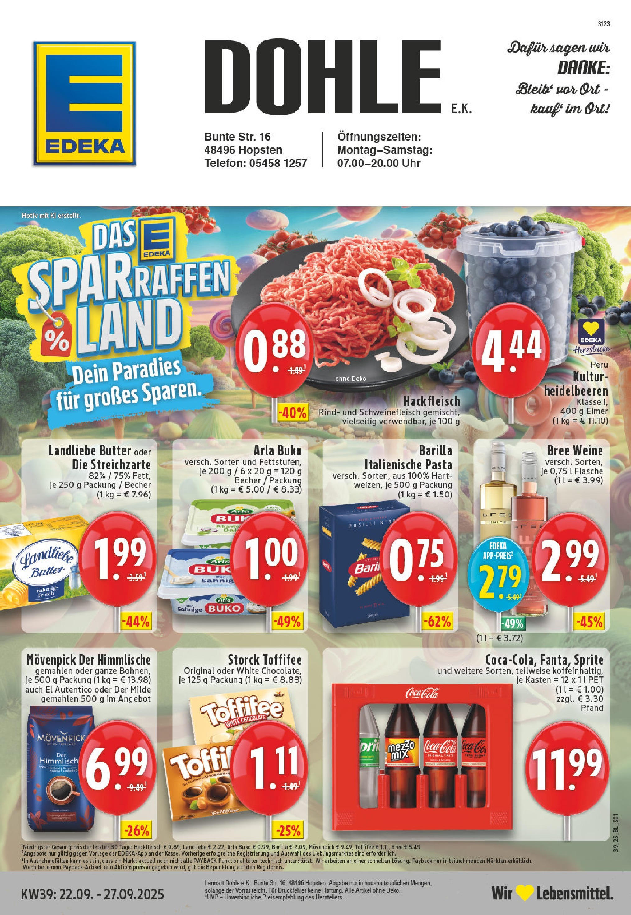 Edeka prospekt Hopsten	 (ab 21.09.2025) » Angebote Online | Seite: 1 | Produkte: Pasta, Schweinefleisch, Fleisch, Telefon