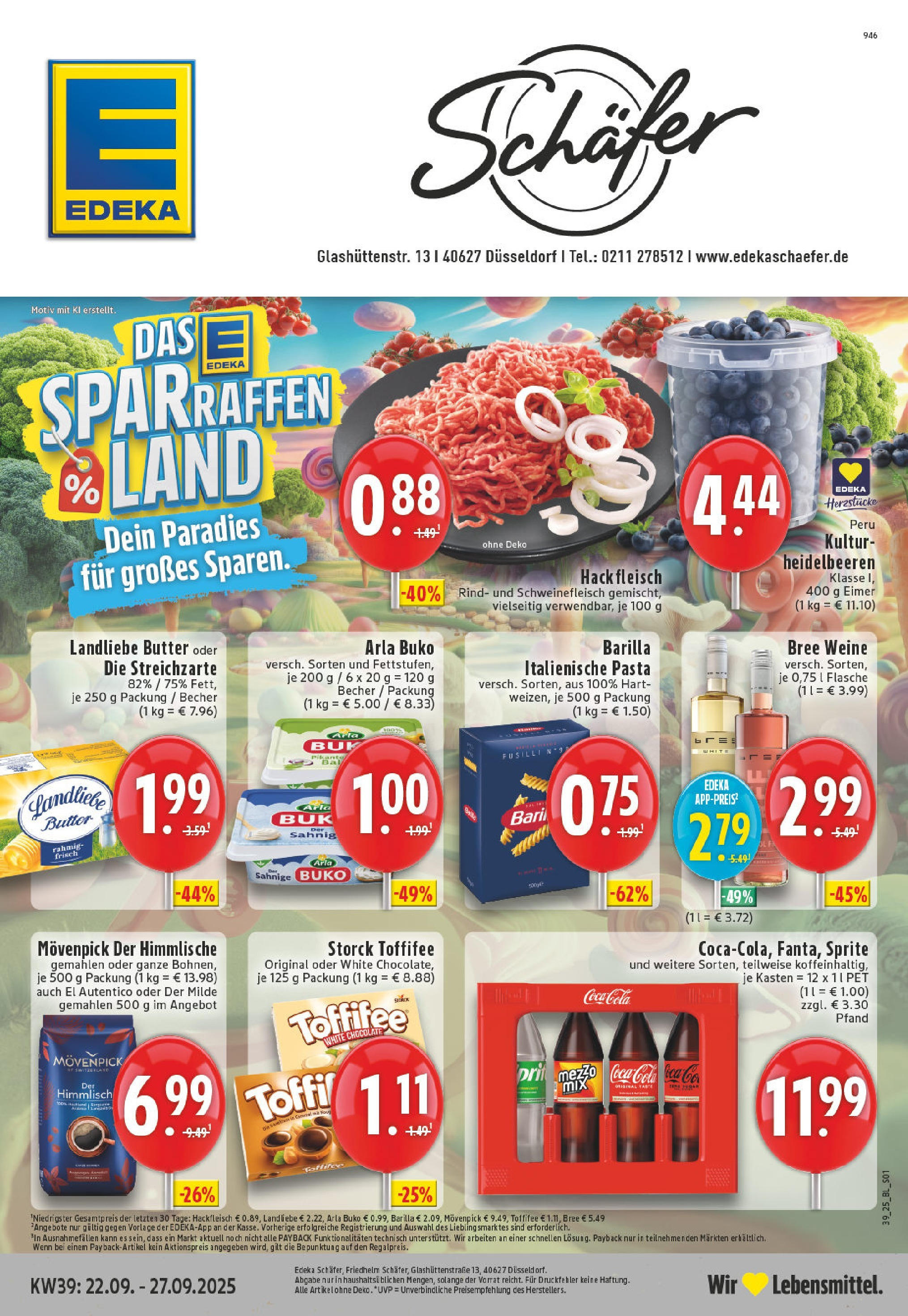Edeka prospekt Düsseldorf	 (ab 21.09.2025) » Angebote Online | Seite: 1 | Produkte: Cola, Bree, Arla buko, Pasta