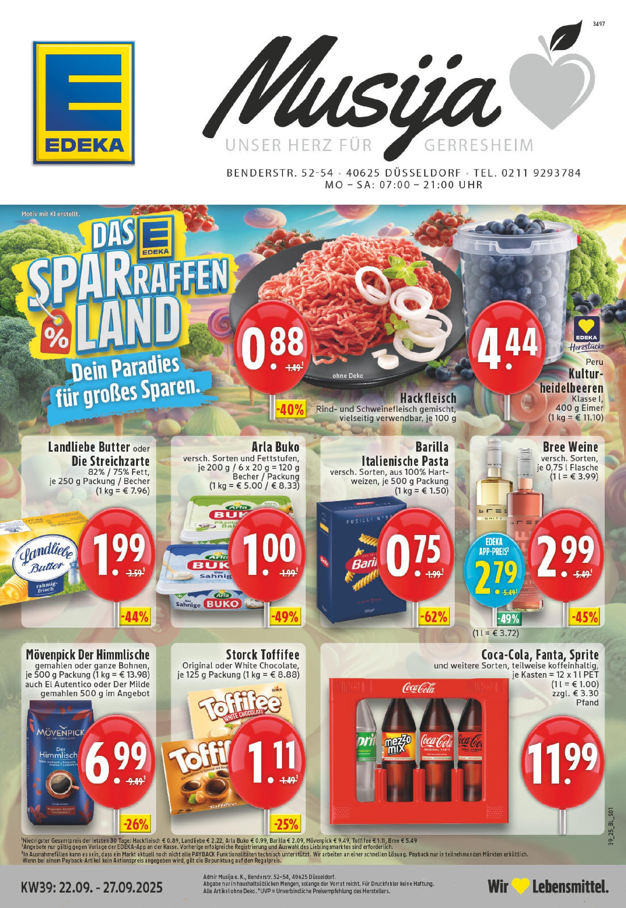 Edeka prospekt Düssseldorf (ab 21.09.2025) » Angebote Online | Seite: 1 | Produkte: Cola, Barilla, Fleisch, Uhr Edeka prospekt Düssseldorf (ab 21.09.2025) » Angebote Online | Seite: 1 | Produkte: Cola, Barilla, Fleisch, Uhr