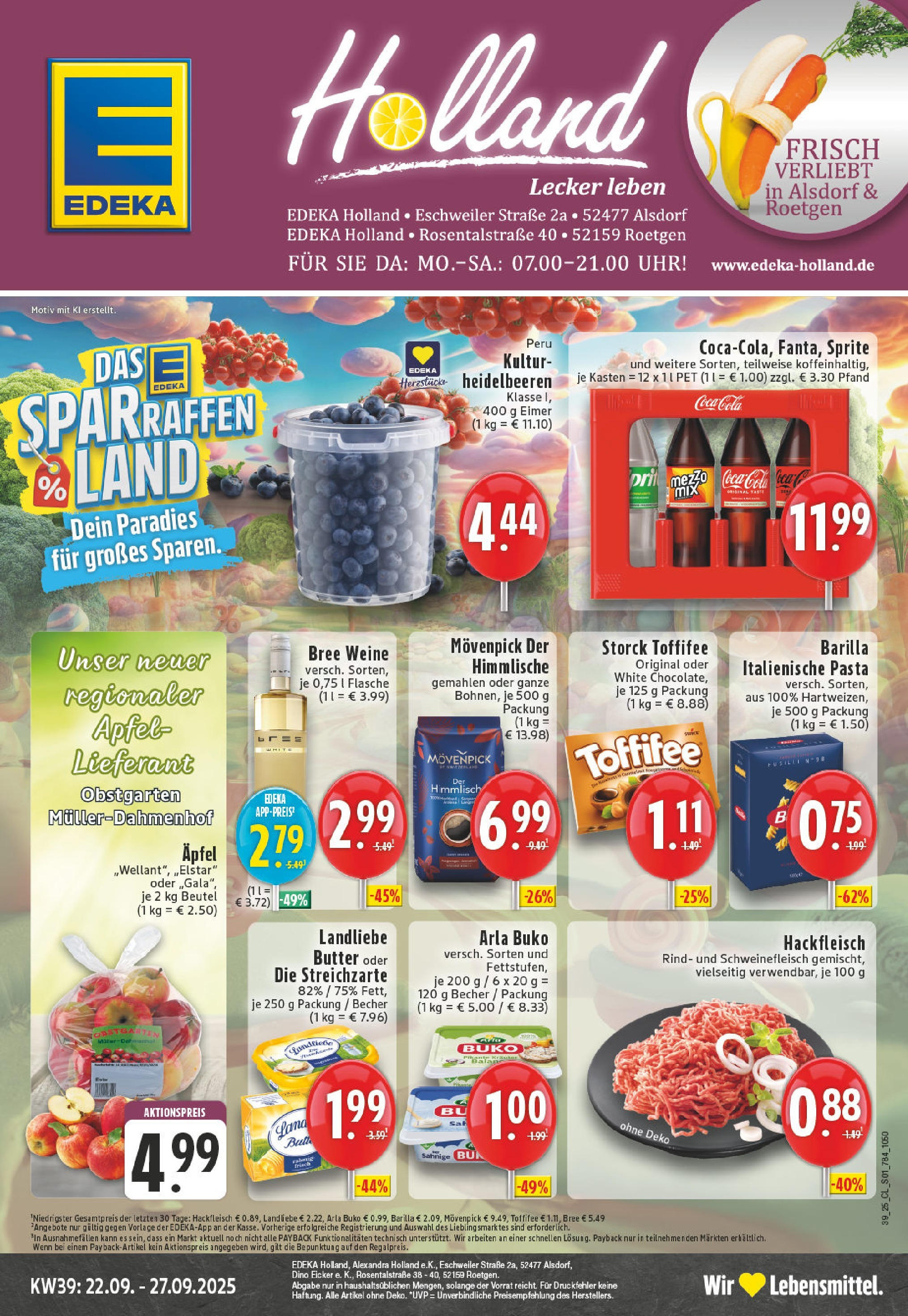 Edeka prospekt Alsdorf (ab 21.09.2025) » Angebote Online | Seite: 1 | Produkte: Cola, Butter, Apple, Hackfleisch Edeka prospekt Alsdorf (ab 21.09.2025) » Angebote Online | Seite: 1 | Produkte: Cola, Butter, Apple, Hackfleisch