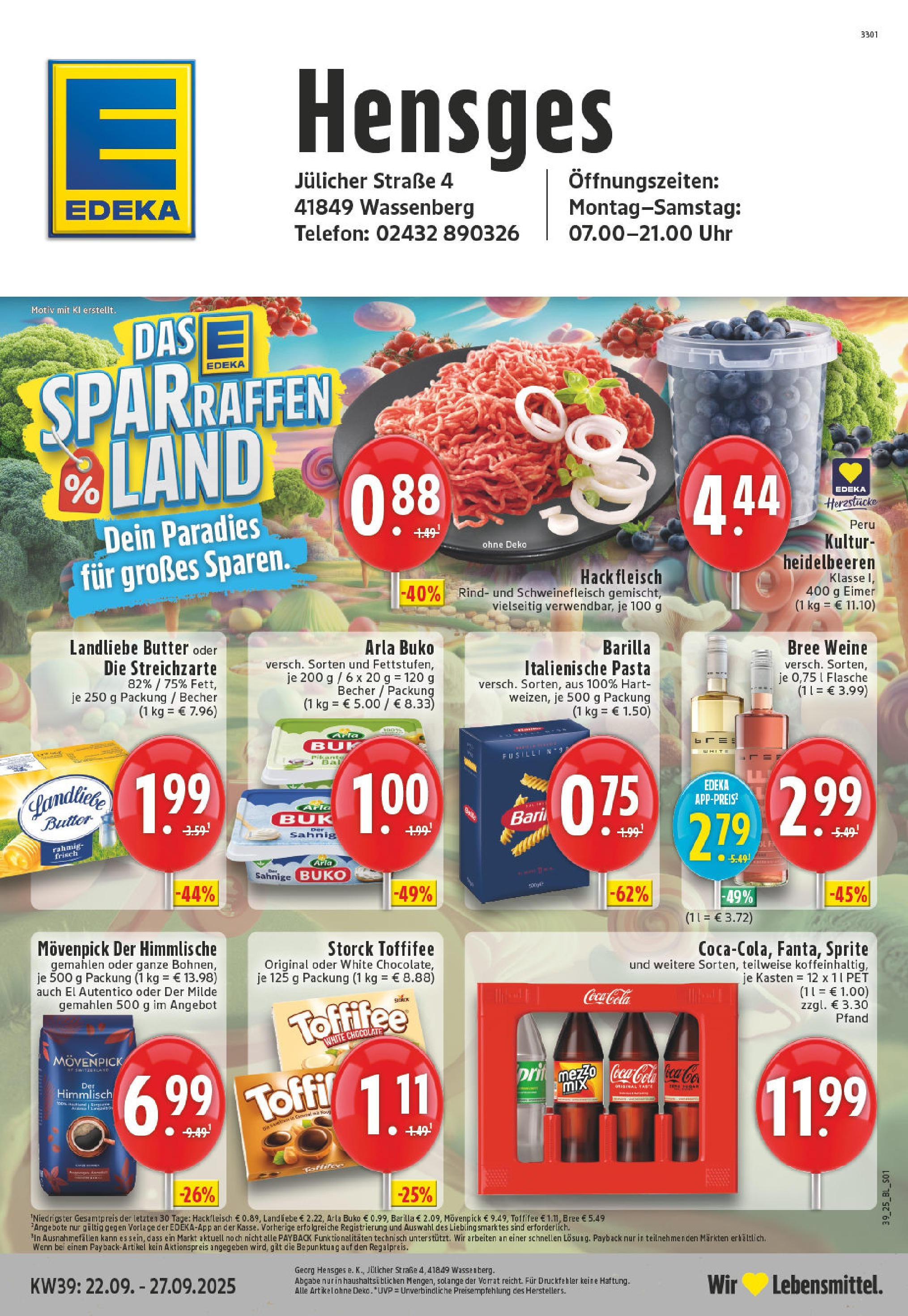 Edeka prospekt Wassenberg	 (ab 21.09.2025) » Angebote Online | Seite: 1 | Produkte: Barilla, Landliebe butter, Arla buko, Fleisch