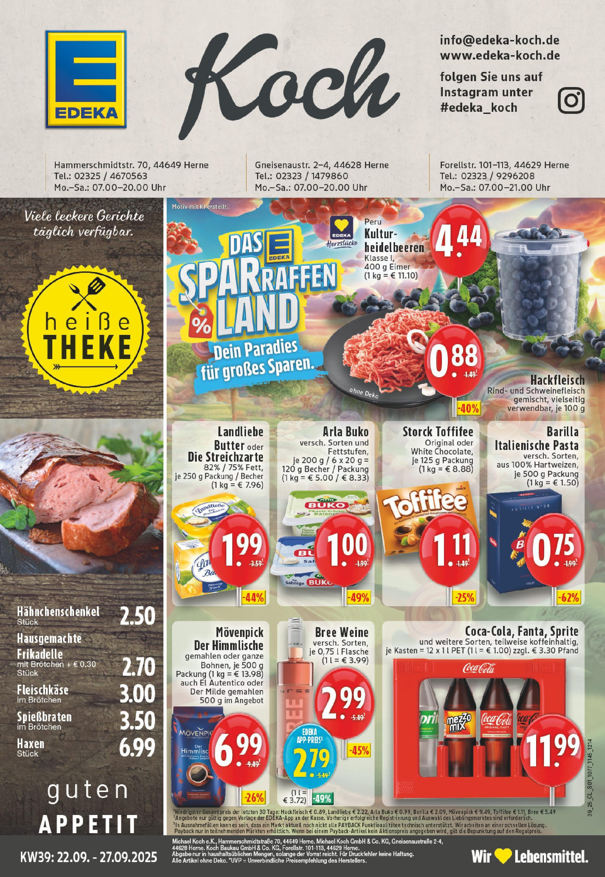 Edeka prospekt Herne	 (ab 21.09.2025) » Angebote Online | Seite: 1 | Produkte: Cola, Butter, Toffifee, Schweinefleisch