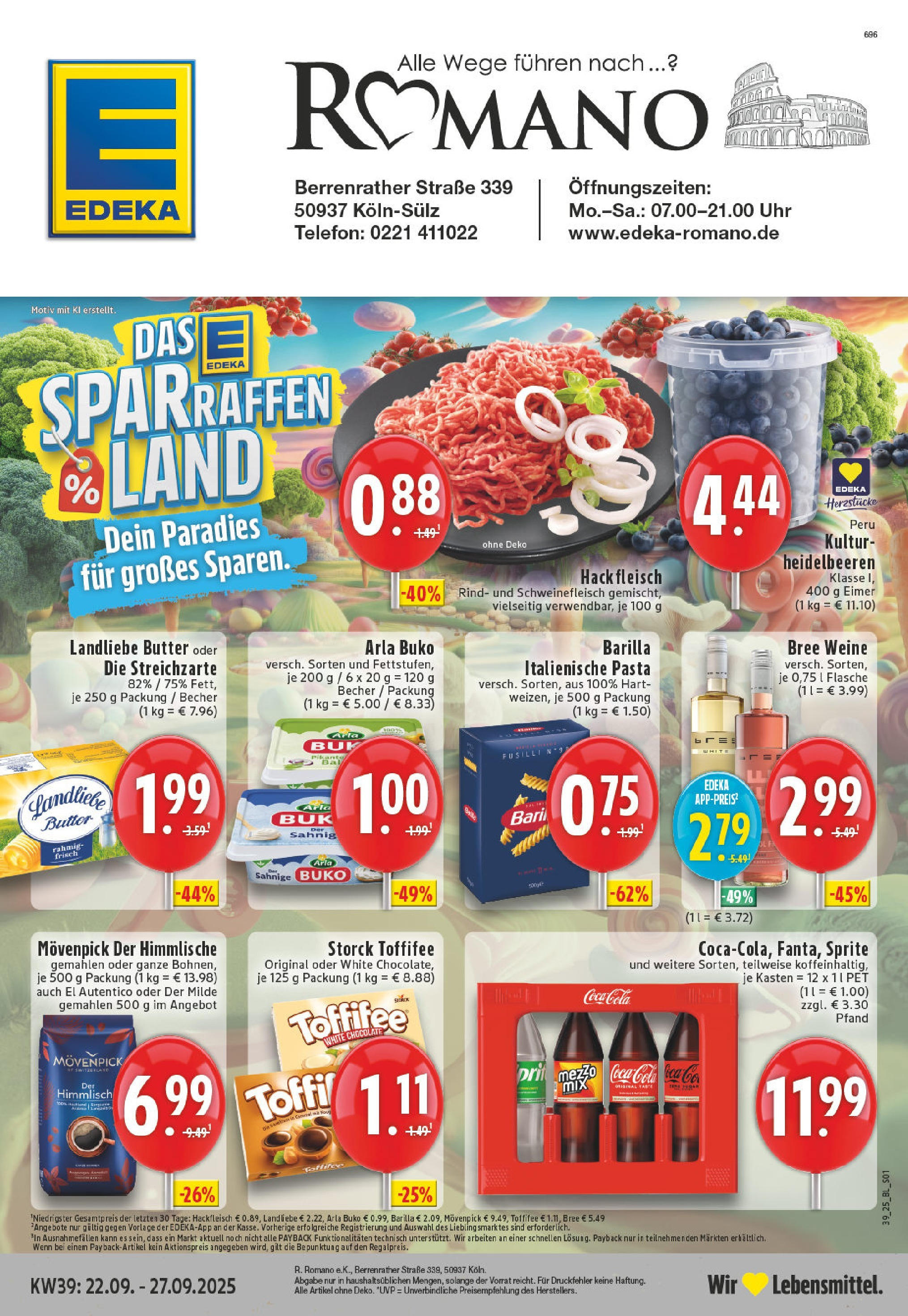 Edeka prospekt Köln-Sülz	 (ab 21.09.2025) » Angebote Online | Seite: 1 | Produkte: Arla buko, Fleisch, Uhr, Hackfleisch