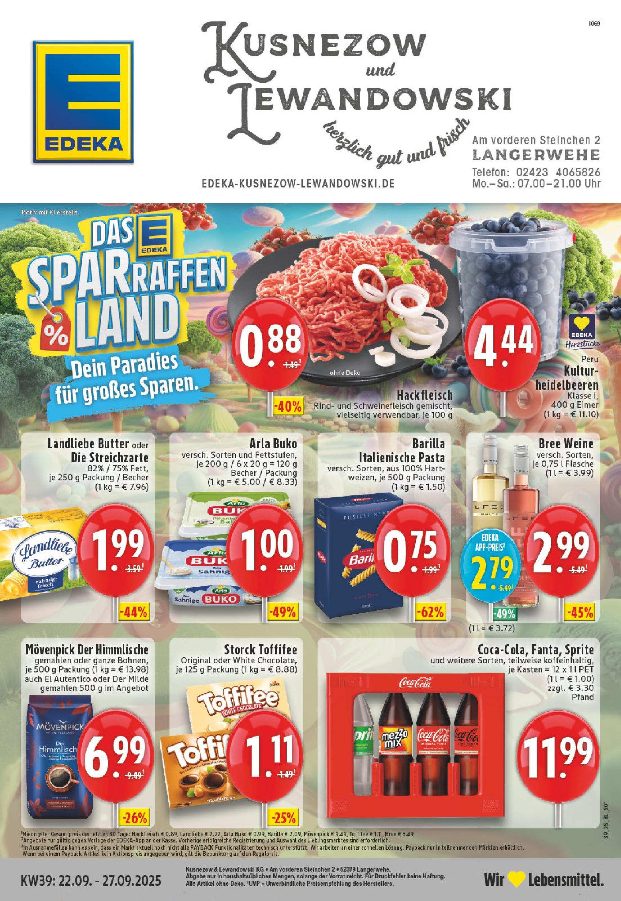 Edeka prospekt Langerwehe	 (ab 21.09.2025) » Angebote Online | Seite: 1 | Produkte: Landliebe butter, Arla buko, Toffifee, Fleisch