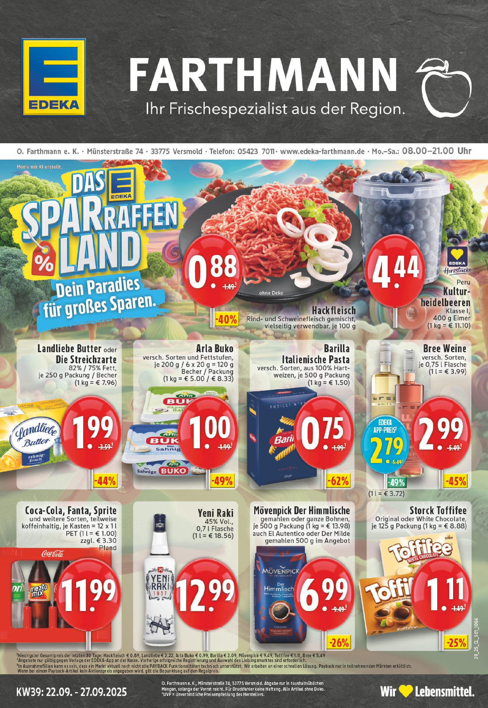 Edeka prospekt Versmold	 (ab 21.09.2025) » Angebote Online | Seite: 1 | Produkte: Butter, Barilla, Heidelbeeren, Pasta