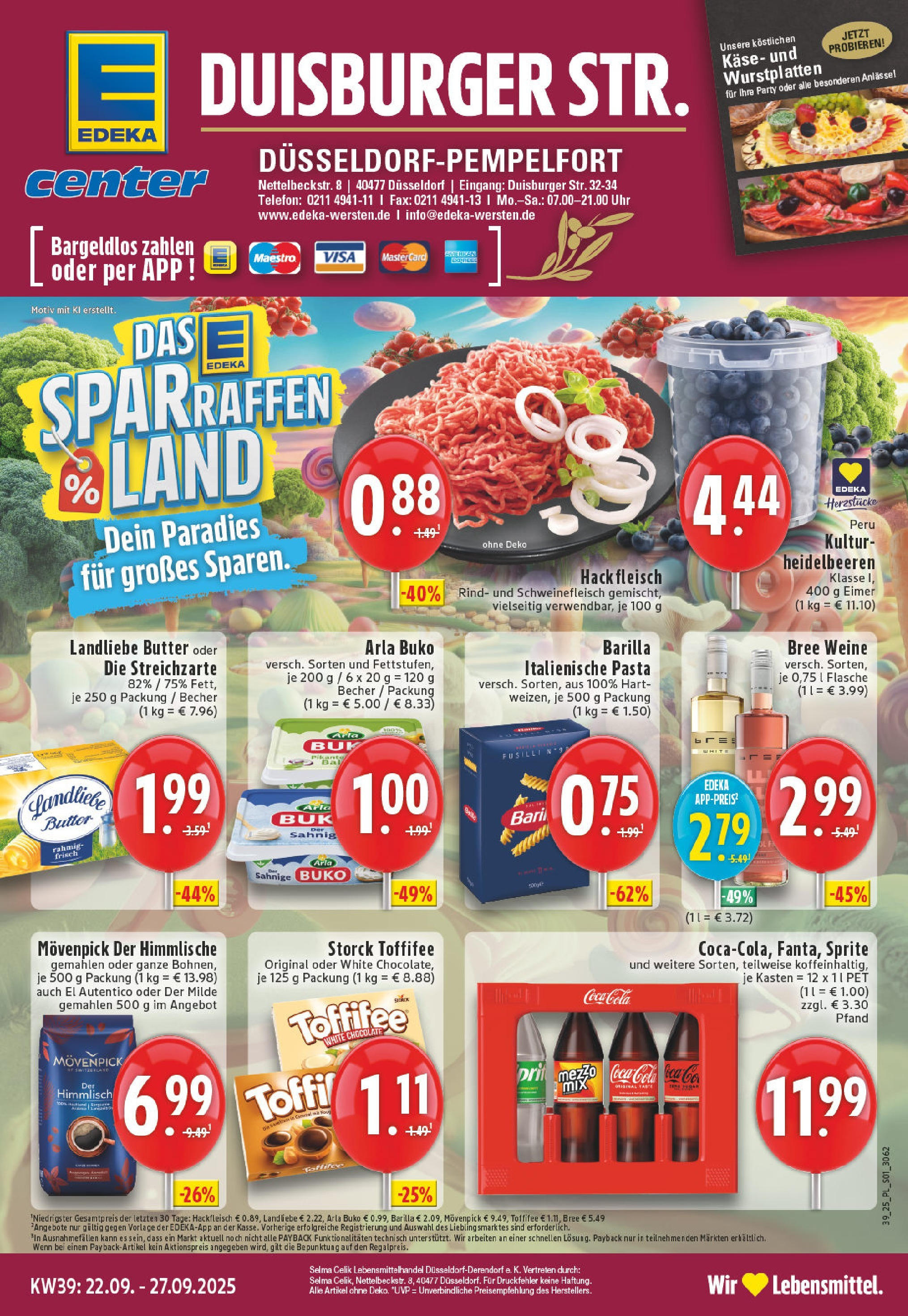 Edeka prospekt Düsseldorf-Derendorf	 (ab 21.09.2025) » Angebote Online | Seite: 1 | Produkte: Butter, Landliebe butter, Heidelbeeren, Uhr