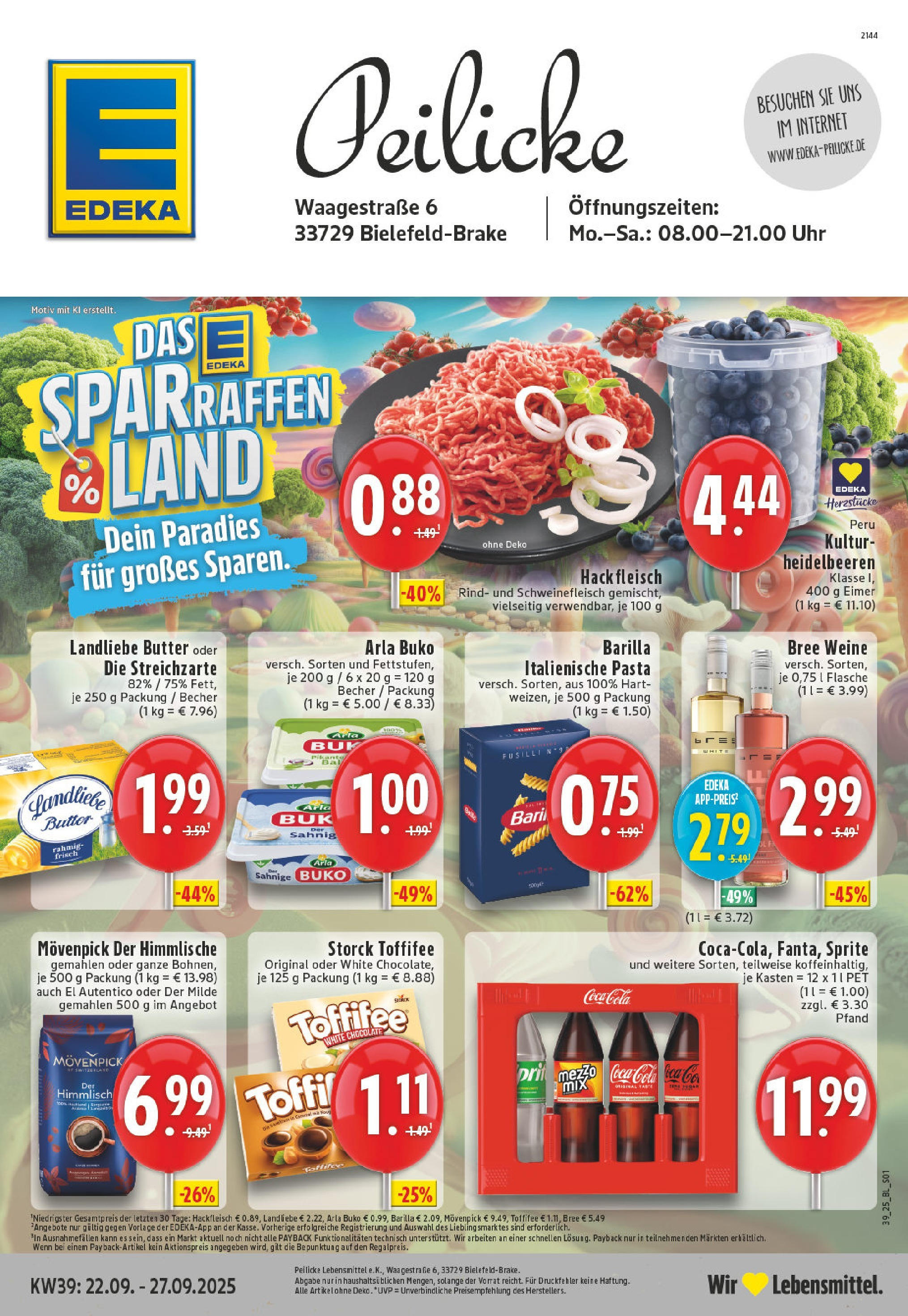 Edeka prospekt Bielefeld-Brake	 (ab 21.09.2025) » Angebote Online | Seite: 1 | Produkte: Cola, Butter, Heidelbeeren, Toffifee