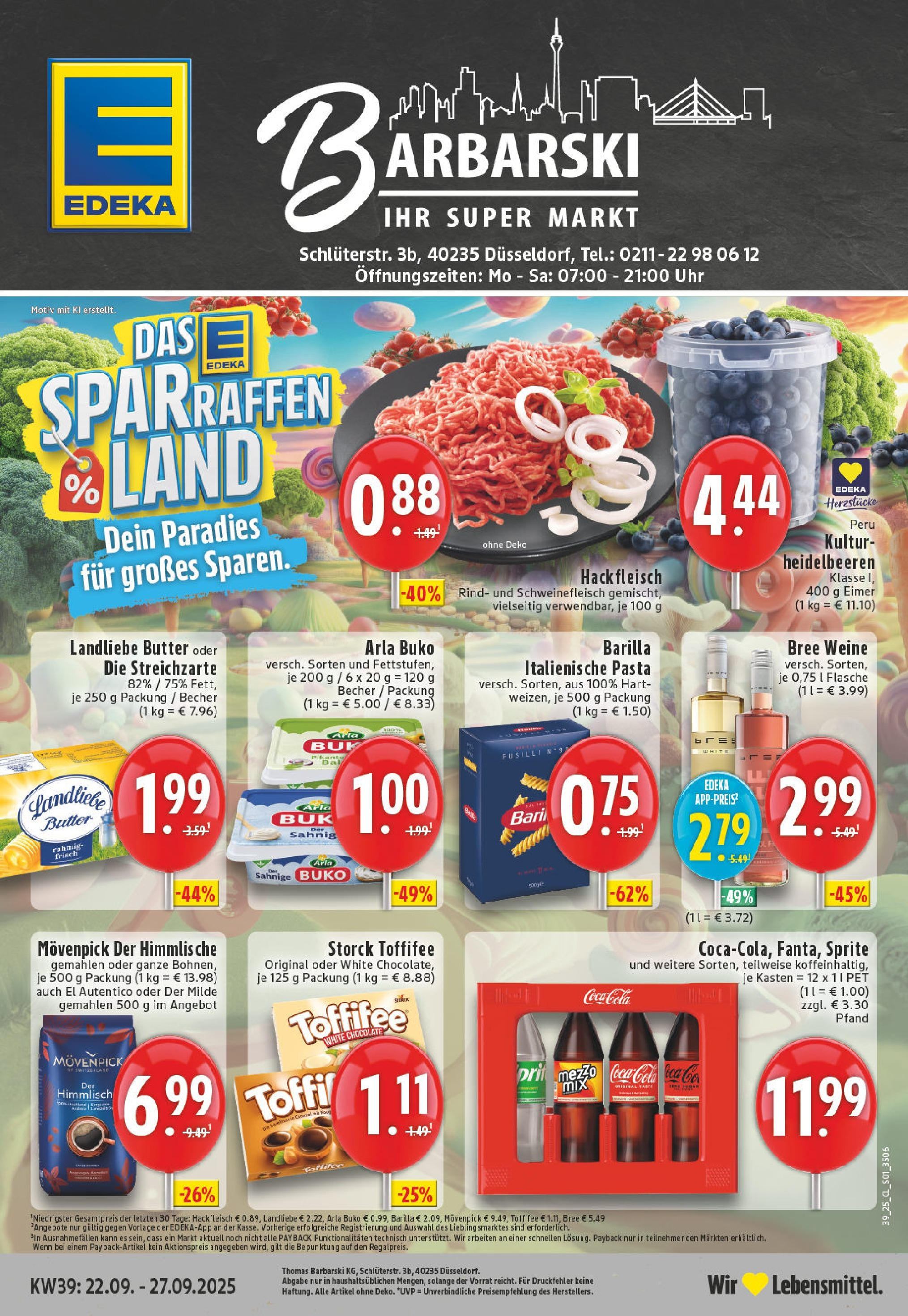 Edeka prospekt Düsseldorf	 (ab 21.09.2025) » Angebote Online | Seite: 1 | Produkte: Coca cola, Heidelbeeren, Toffifee, Pasta