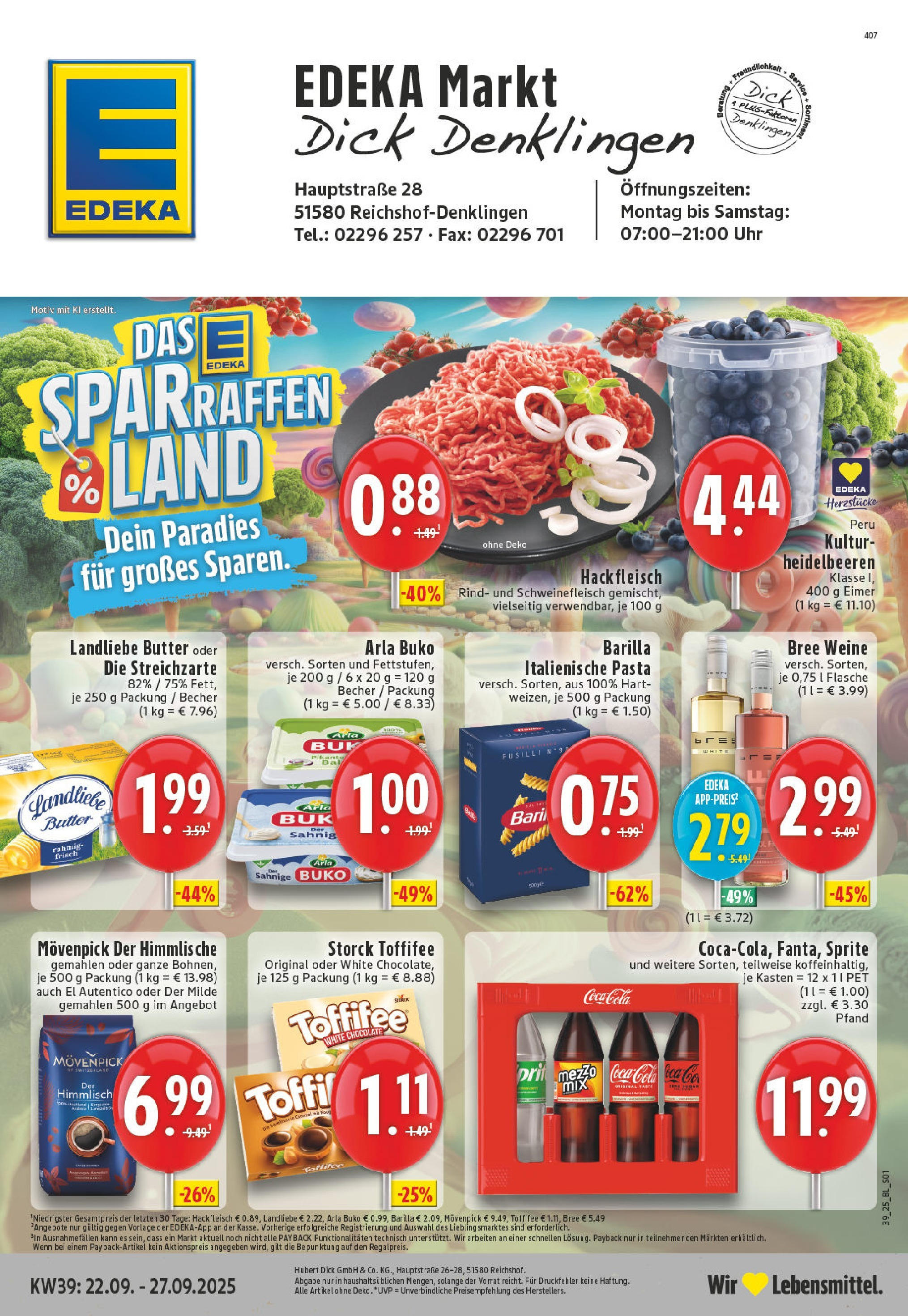 Edeka prospekt Reichshof - Denklingen	 (ab 21.09.2025) » Angebote Online | Seite: 1 | Produkte: Butter, Pasta, Uhr, Hackfleisch