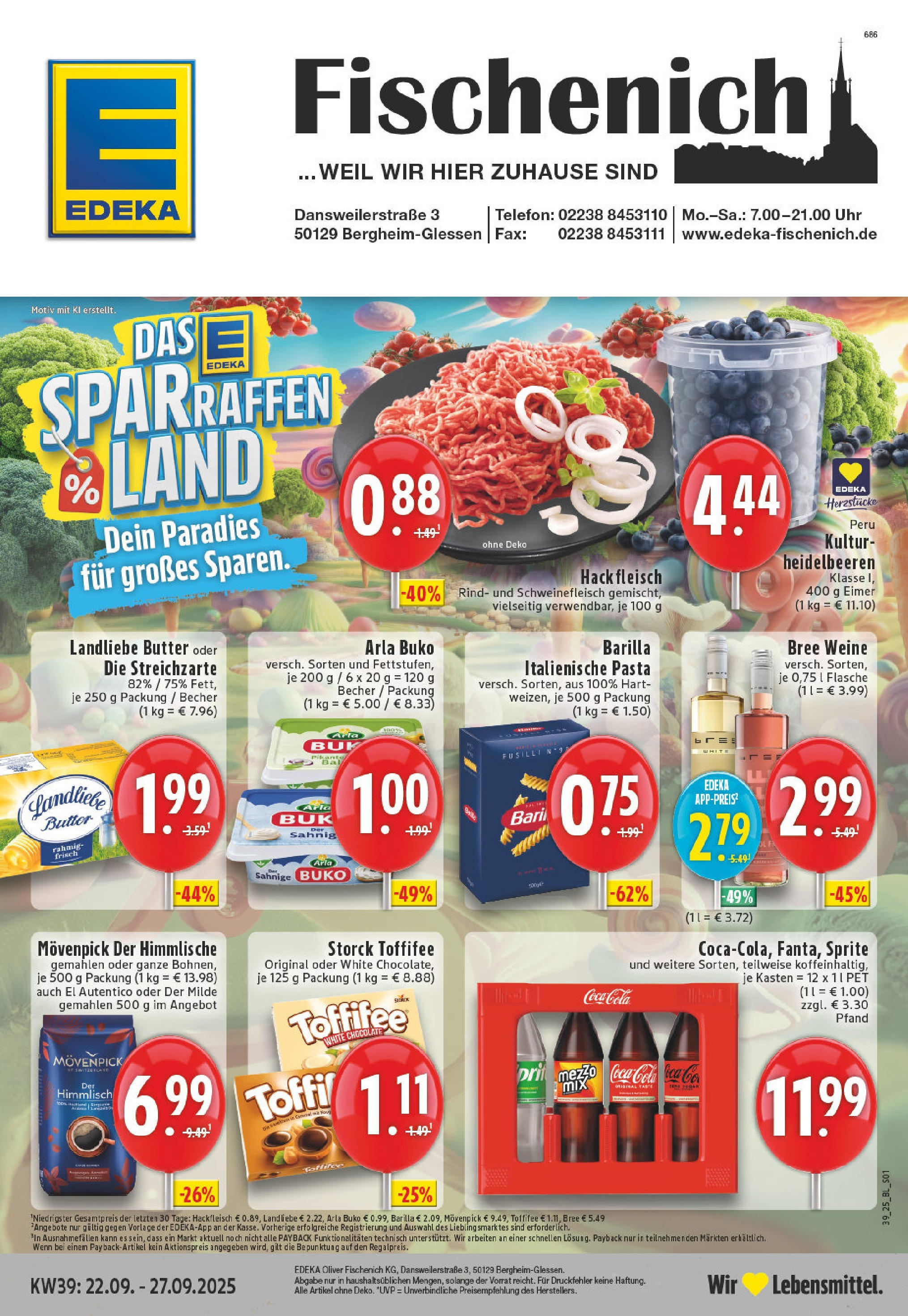 Edeka prospekt Bergheim	 (ab 21.09.2025) » Angebote Online | Seite: 1 | Produkte: Cola, Heidelbeeren, Fleisch, Telefon