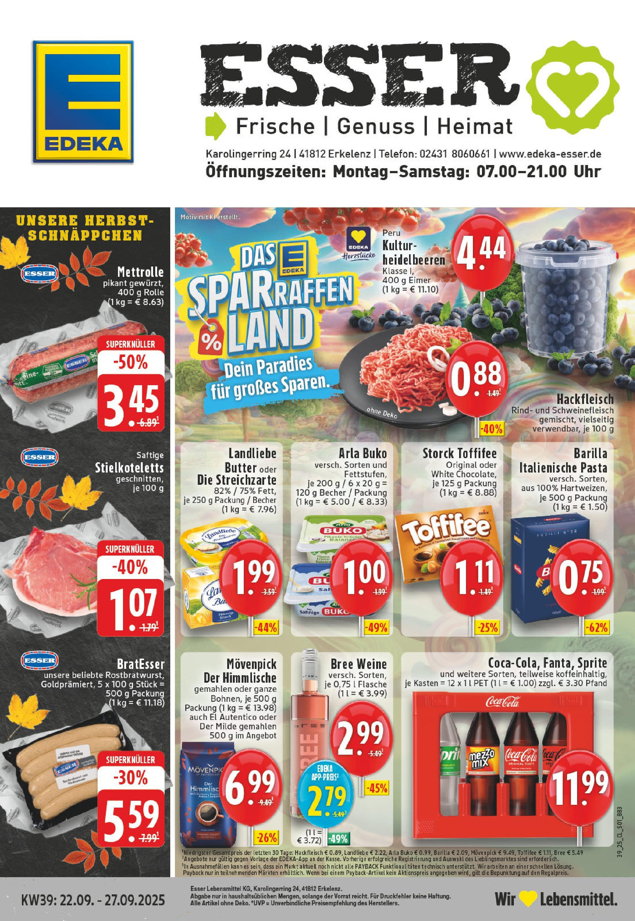 Edeka prospekt Erkelenz	 (ab 21.09.2025) » Angebote Online | Seite: 1 | Produkte: Butter, Heidelbeeren, Schweinefleisch, Uhr