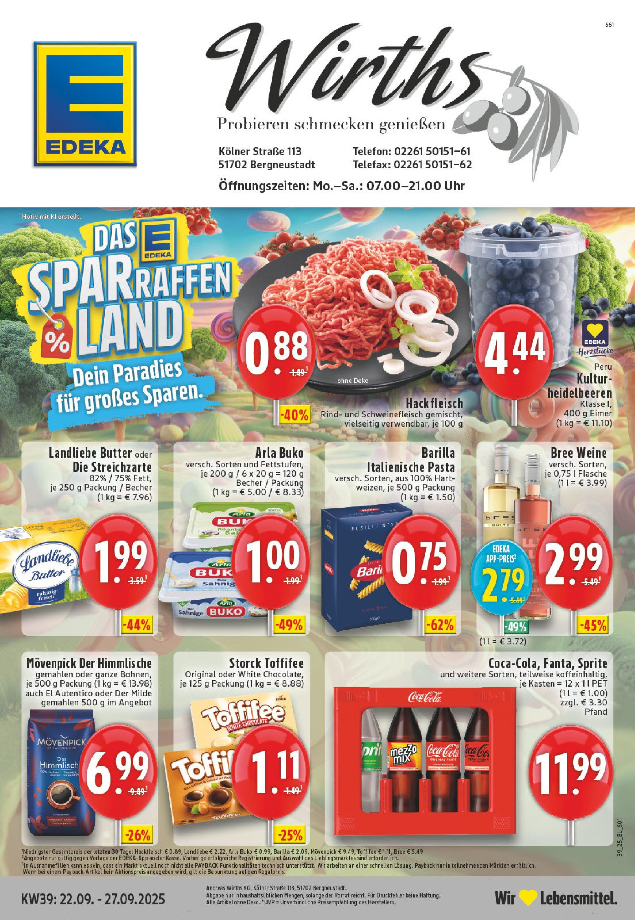 Edeka prospekt Bergneustadt (ab 21.09.2025) » Angebote Online | Seite: 1 | Produkte: Toffifee, Telefon, Uhr, Hackfleisch Edeka prospekt Bergneustadt (ab 21.09.2025) » Angebote Online | Seite: 1 | Produkte: Toffifee, Telefon, Uhr, Hackfleisch