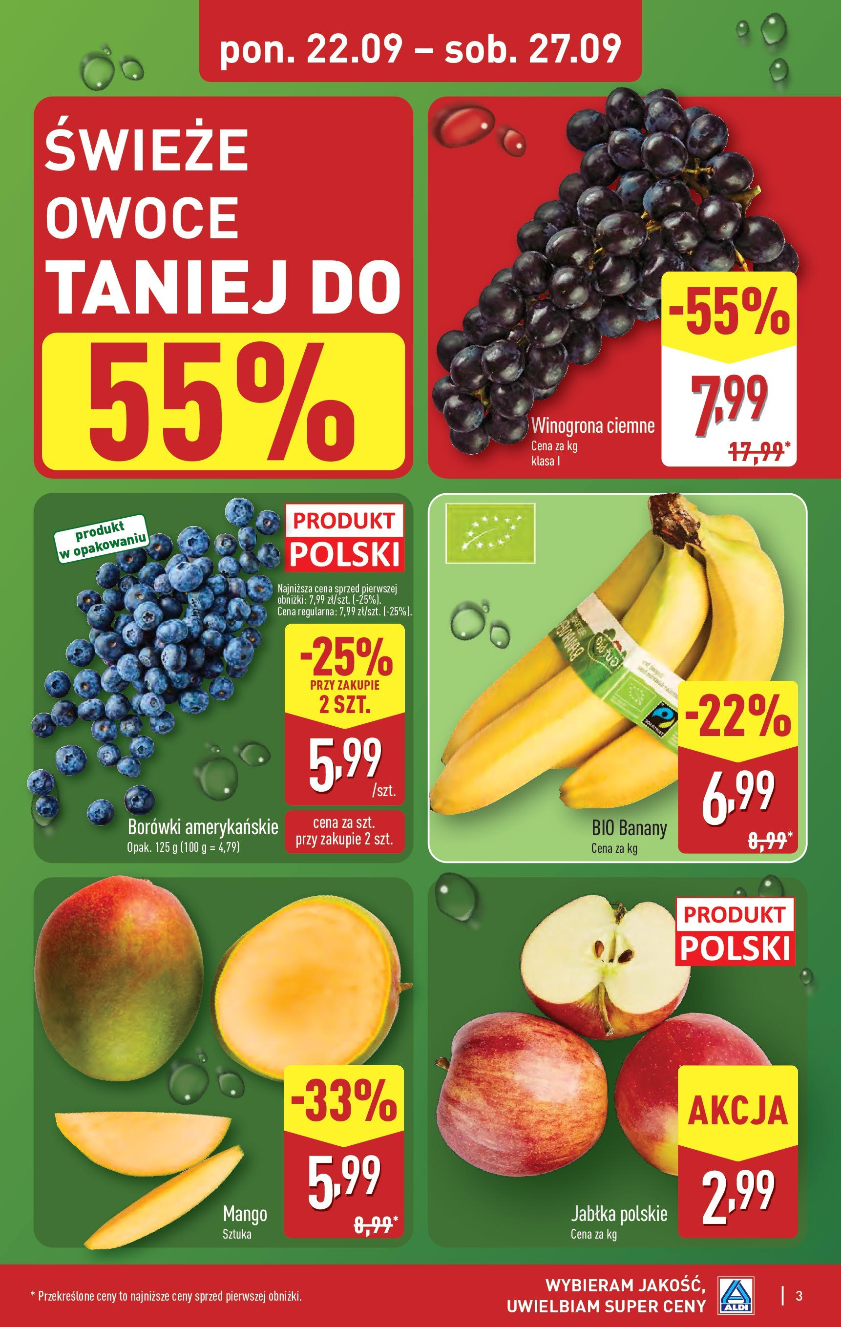 Aldi Gazetka od 22.09.2025 | Nowa PDF gazetka | Strona: 3 | Produkty: Winogrona, Jabłka, Banany, Owoce Aldi Gazetka od 22.09.2025 - Ulotka PDF, promocje | Strona: 3 | Produkty: Winogrona, Jabłka, Banany, Owoce