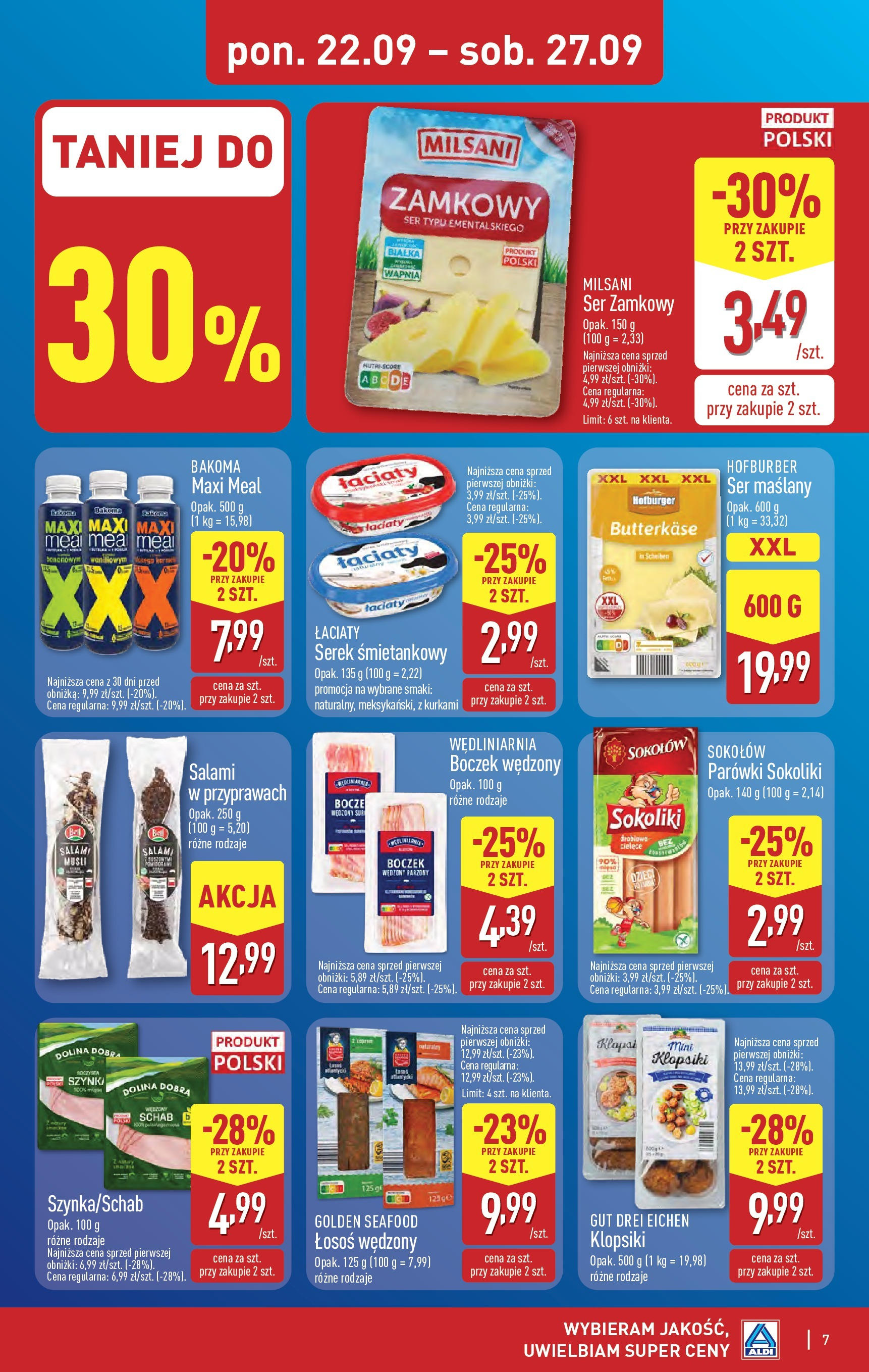 Aldi Gazetka od 22.09.2025 | Nowa PDF gazetka | Strona: 7 | Produkty: Schab, Serek, Parówki sokoliki, Klopsiki Aldi Gazetka od 22.09.2025 - Ulotka PDF, promocje | Strona: 7 | Produkty: Schab, Serek, Parówki sokoliki, Klopsiki