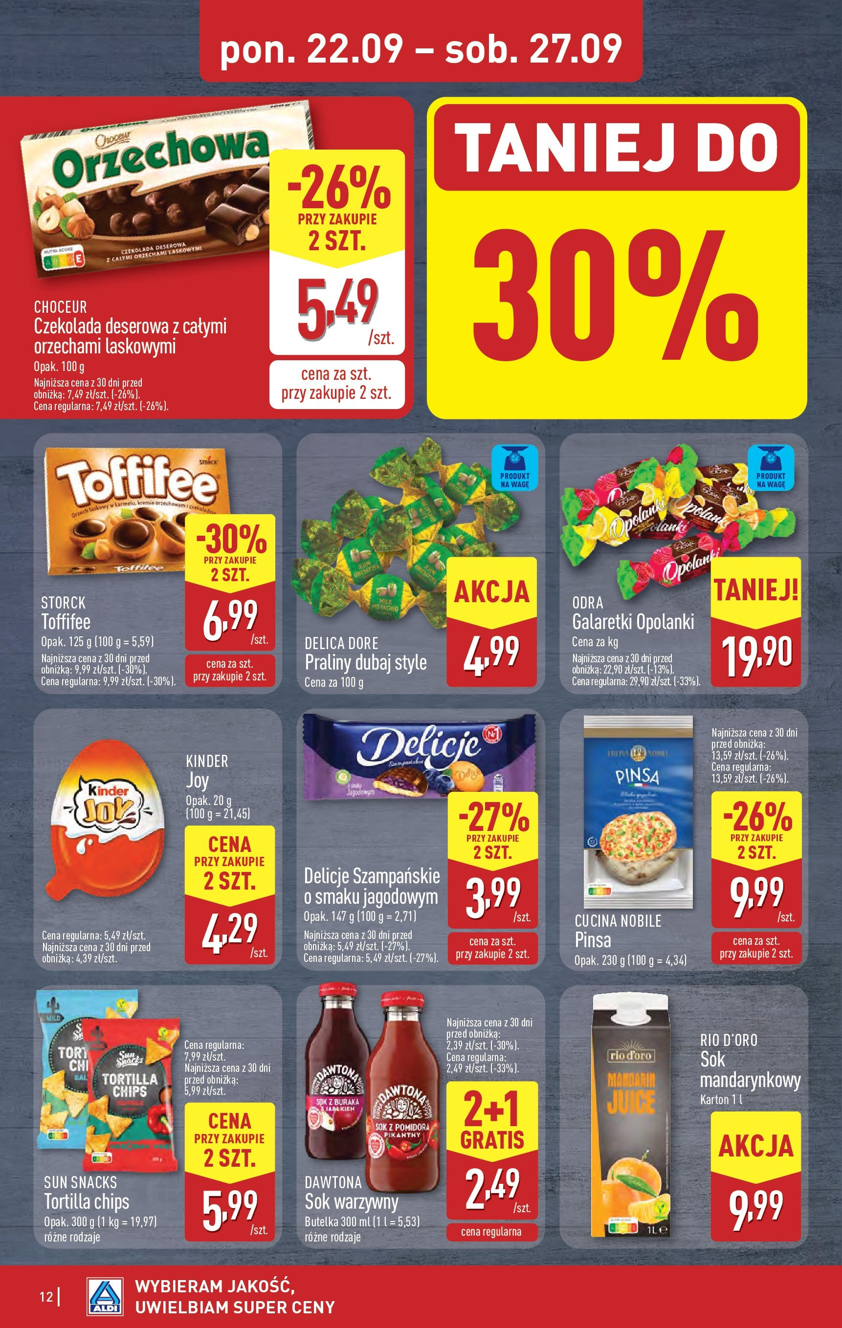 Aldi Gazetka od 22.09.2025 | Nowa PDF gazetka | Strona: 12 | Produkty: Galaretki, Praliny, Pinsa, Sok warzywny Aldi Gazetka od 22.09.2025 - Ulotka PDF, promocje | Strona: 12 | Produkty: Galaretki, Praliny, Pinsa, Sok warzywny