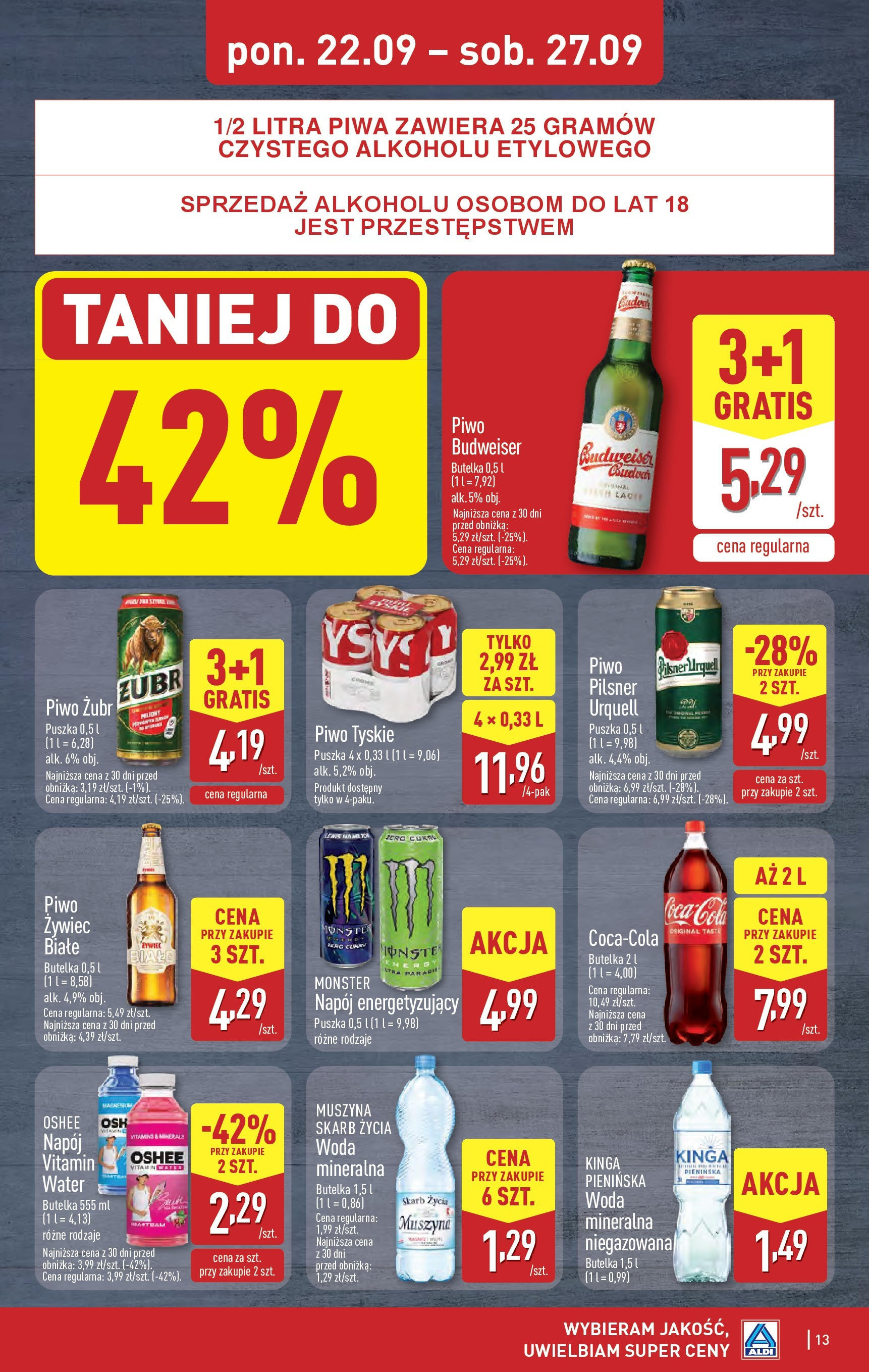 Aldi Gazetka od 22.09.2025 | Nowa PDF gazetka | Strona: 13 | Produkty: Piwo żubr, Tyskie, Piwo, Woda Aldi Gazetka od 22.09.2025 - Ulotka PDF, promocje | Strona: 13 | Produkty: Piwo żubr, Tyskie, Piwo, Woda