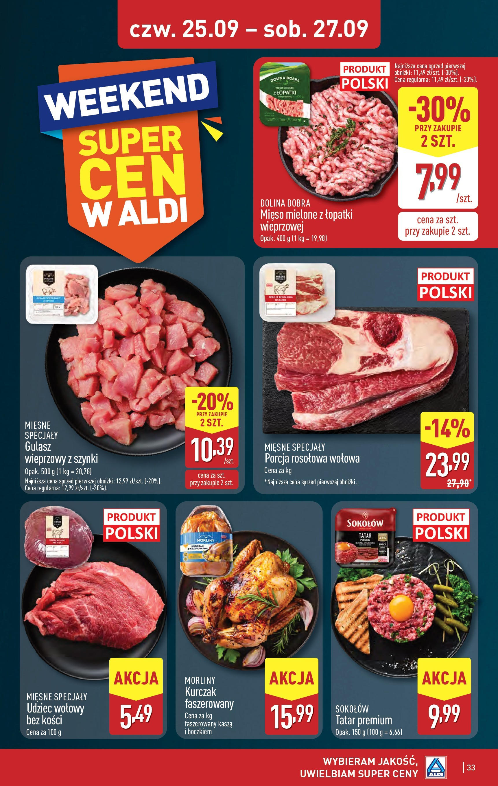Aldi Gazetka od 22.09.2025 | Nowa PDF gazetka | Strona: 33 | Produkty: Kurczak, Mięso mielone, Tatar, Gulasz Aldi Gazetka od 22.09.2025 - Ulotka PDF, promocje | Strona: 33 | Produkty: Kurczak, Mięso mielone, Tatar, Gulasz