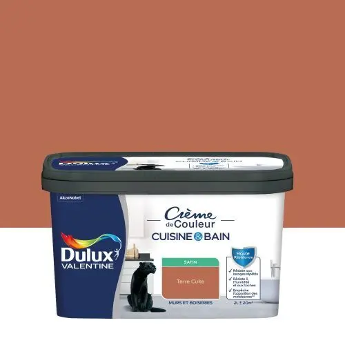 Peinture(d) haute r&eacute;sistance Cr&egrave;me de couleur cuisine et bain Dulux Valentine bronze terre cuite satin 2L