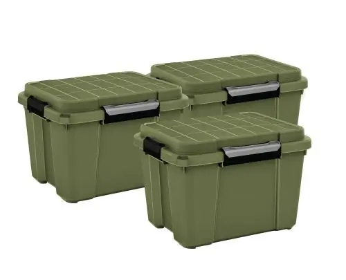 Lot de 3 malles de rangement Skuba avec couvercles, &eacute;tanches et sur roulettes, kaki, 49L