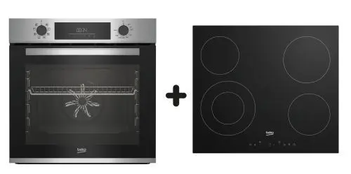 Lot plaque de cuisson vitroc&eacute;ramique + four chaleur tournante 72L Beko