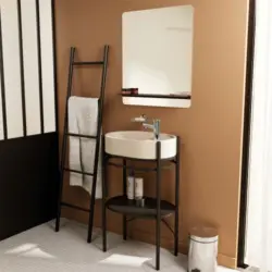 Meuble sous vasque(r) m&eacute;tal et vasque l.55 cm b&eacute;ton beige effet mouchet&eacute; PAO