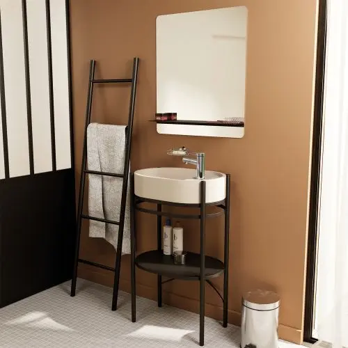 Meuble sous vasque(r) m&eacute;tal et vasque l.55 cm b&eacute;ton beige effet mouchet&eacute; PAO