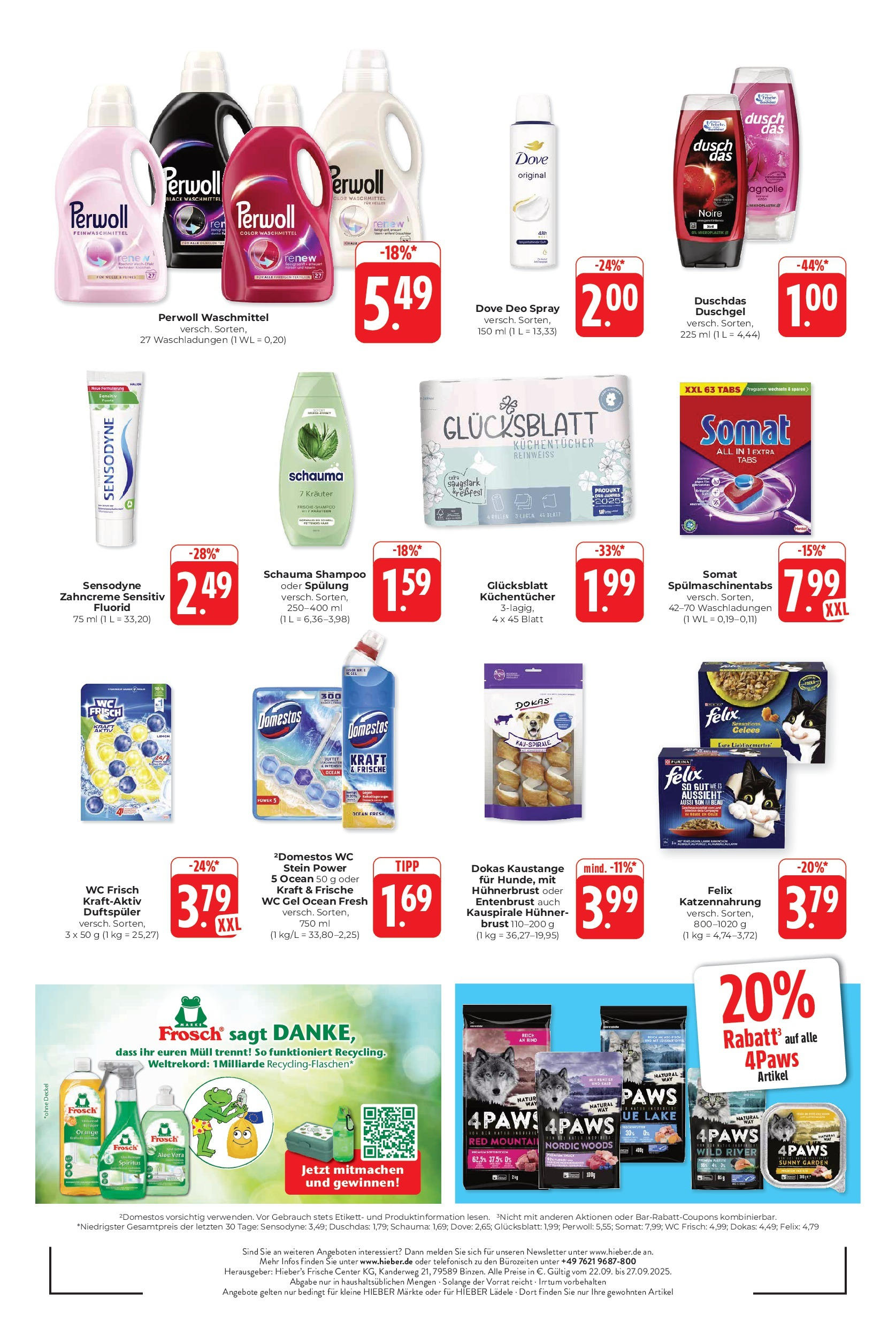 Entdecke - Hieber's Frischecenter: Meine Woche (ab 21.09.2025) zum Blättern | Seite: 16 | Produkte: Shampoo, Waschmittel, Spülmaschinentabs, Wc frisch