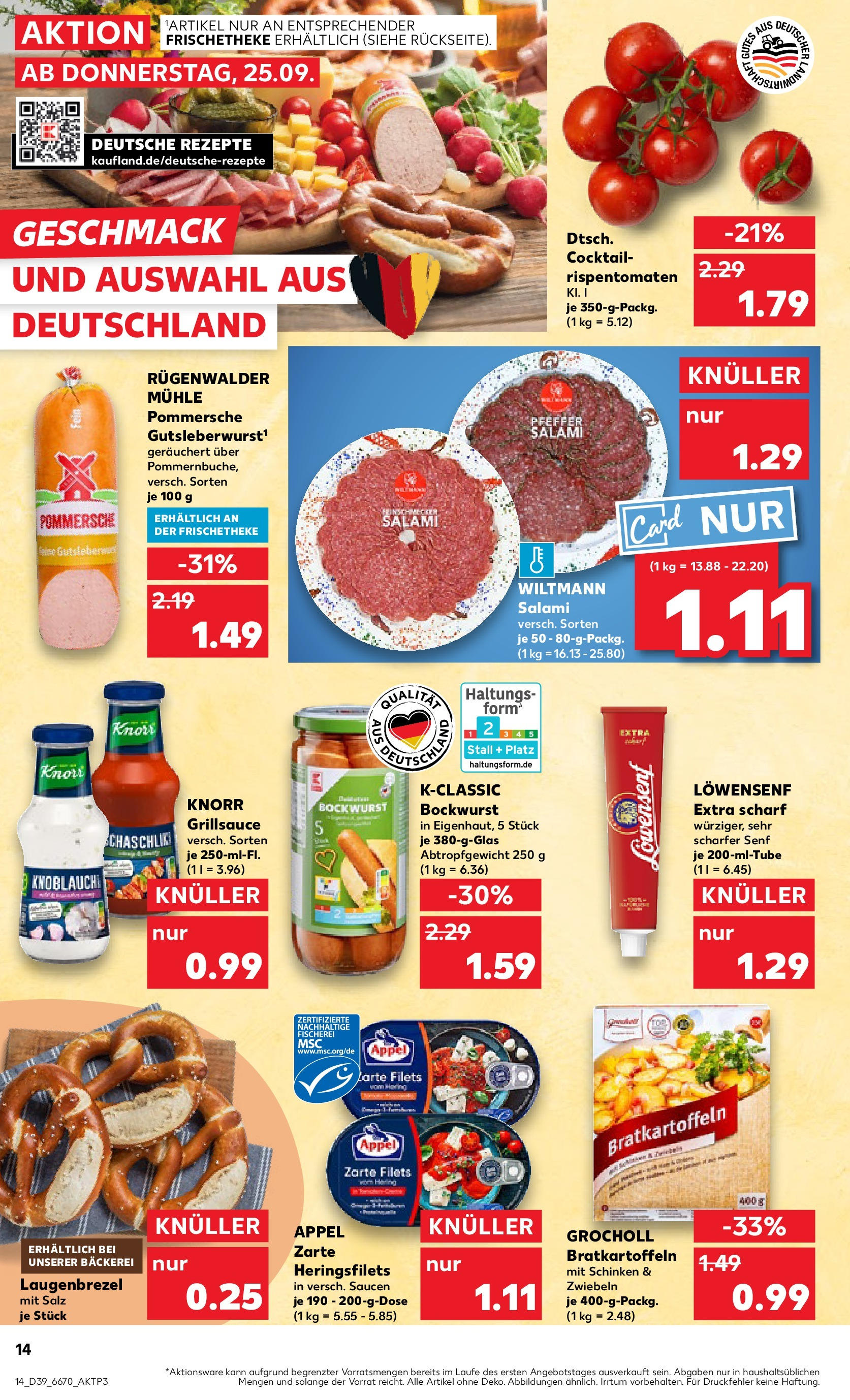 Prospekt Kaufland ab 25.09.2025 » Angebote Online zum Blättern | Seite: 14 | Produkte: Bäckerei, Zwiebeln, Knoblauch, Salami