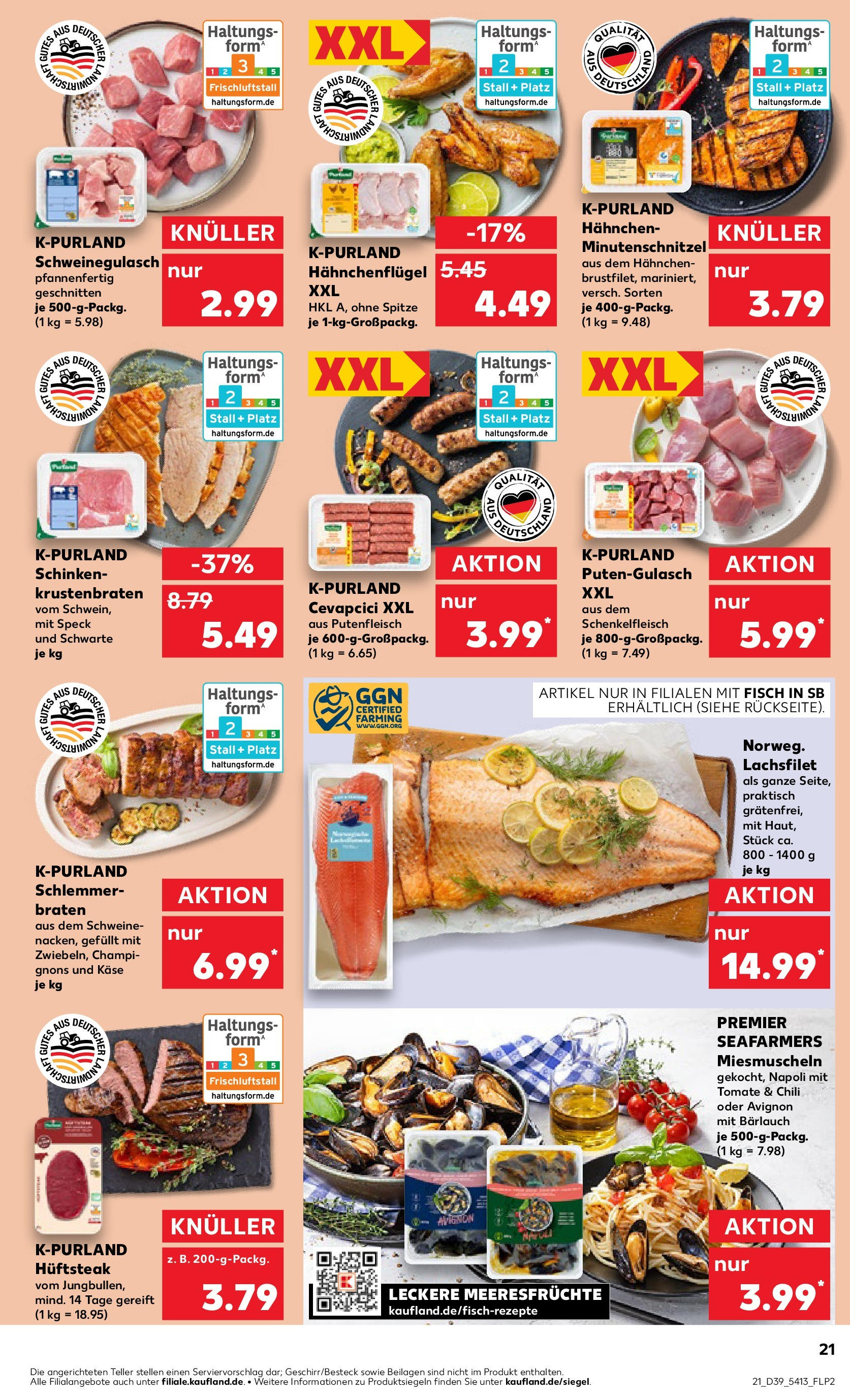 Prospekt Kaufland ab 25.09.2025 » Angebote Online zum Blättern | Seite: 21 | Produkte: Schweinegulasch, Käse, Krustenbraten, Champignons