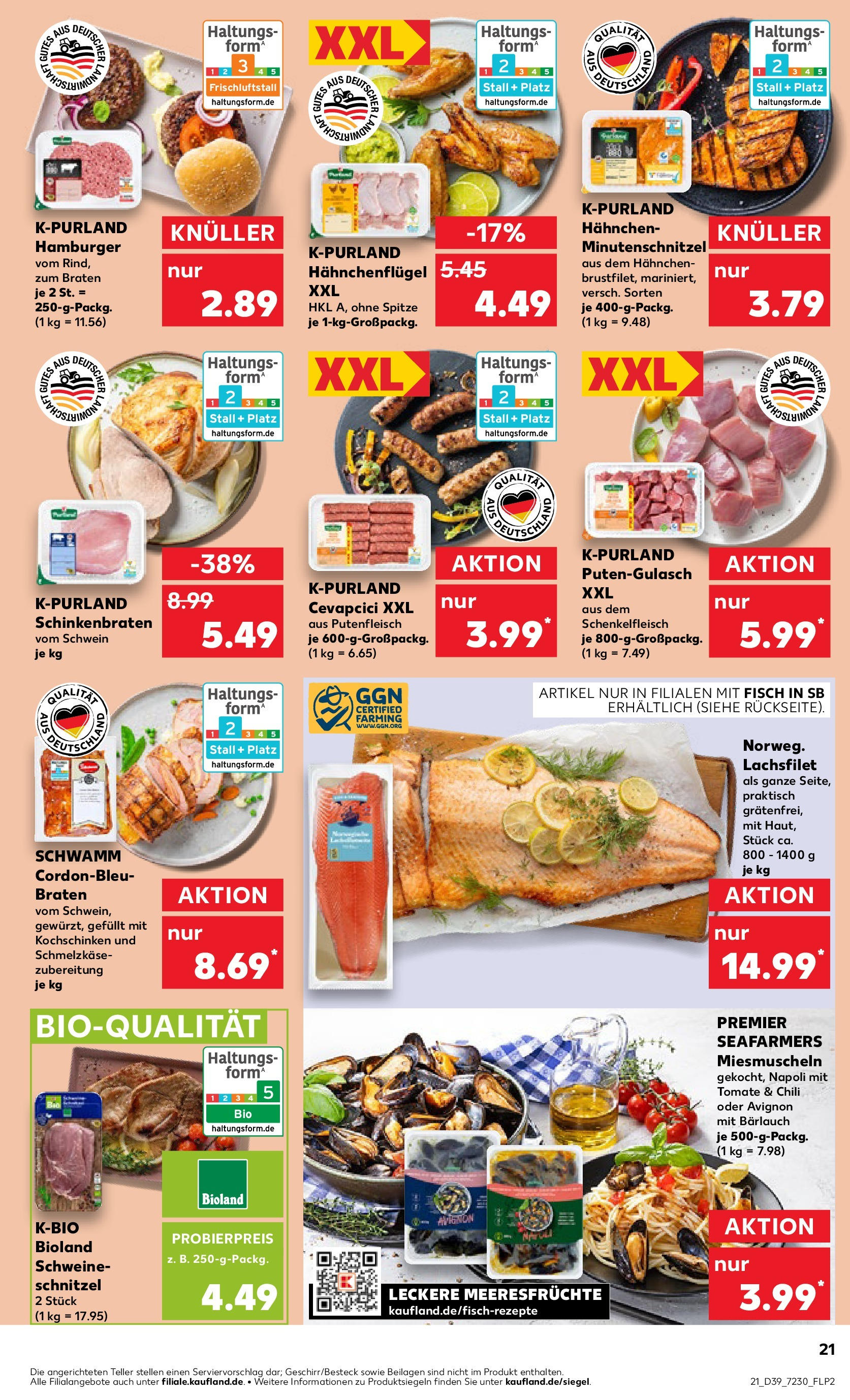 Prospekt Kaufland ab 25.09.2025 » Angebote Online zum Blättern | Seite: 21 | Produkte: Hahnchen, Cevapcici, Burger, Fisch