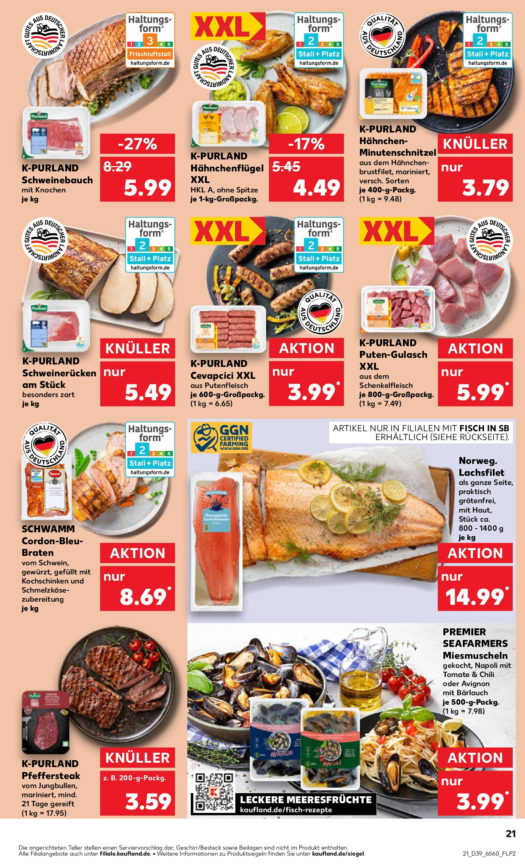 Prospekt Kaufland ab 25.09.2025 » Angebote Online zum Blättern | Seite: 21 | Produkte: Hahnchen, Fisch, Meeresfrüchte, Schweinerucken